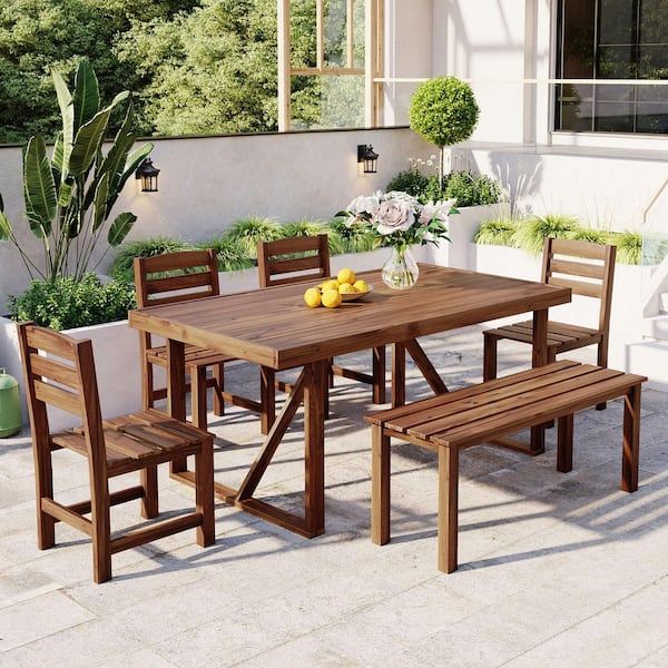 Brown 6-Piece Acacia Wood All-Weather Outdoor Dining Set, Patio Dining ... throughout 6-Piece Acacia Patio Dining Set With Cushions, Brown