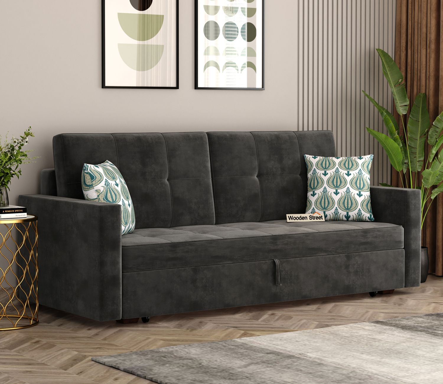 Buy Cairo Fabric 3 Seater Convertible Sofa Cum Bed (Velvet, Graphite ... for Gdf Studio 3-Seater Convertible Sofa Bed With Storage Compartment And Tray, Dark Gray
