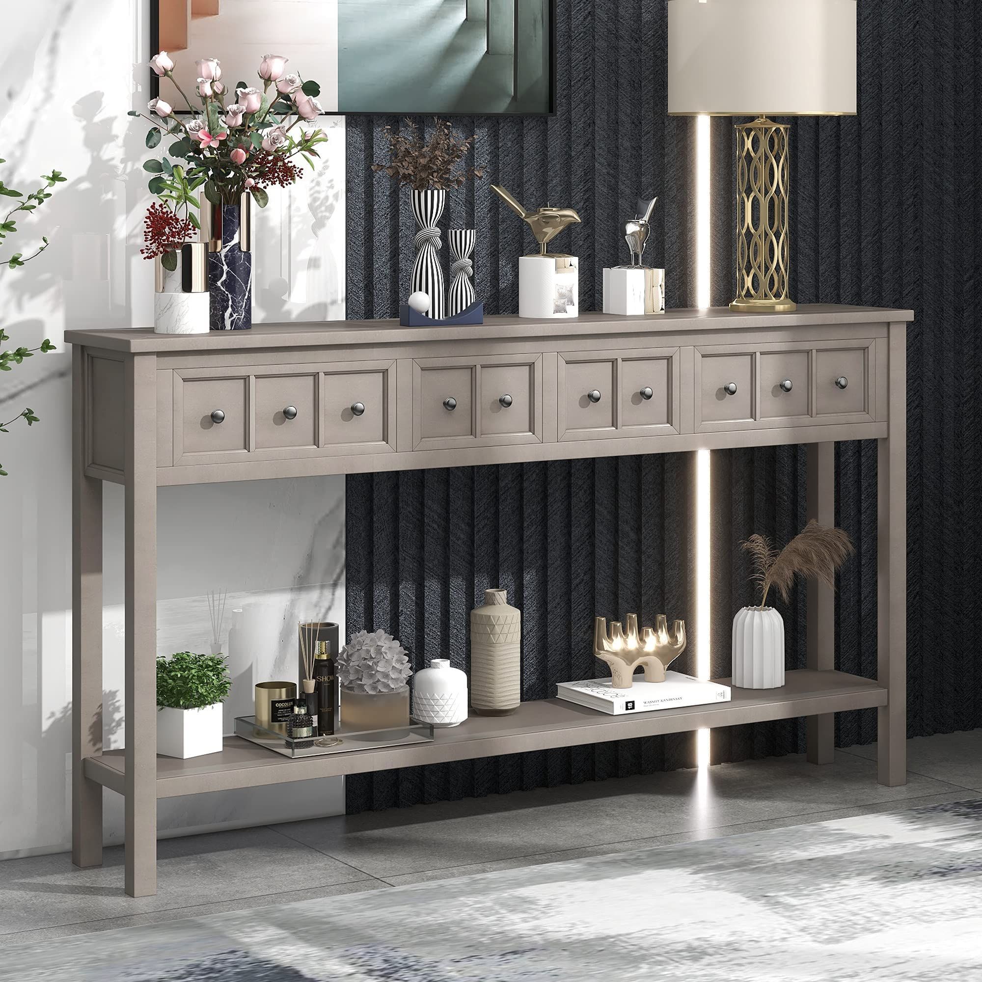 Buy Merax Farmhouse Entryway Table With Storage Drawers Extra Long ... throughout Elegant Narrow Console Table With 4 Drawers, Bottom Shelf & Distressed Finish, Gray Wash