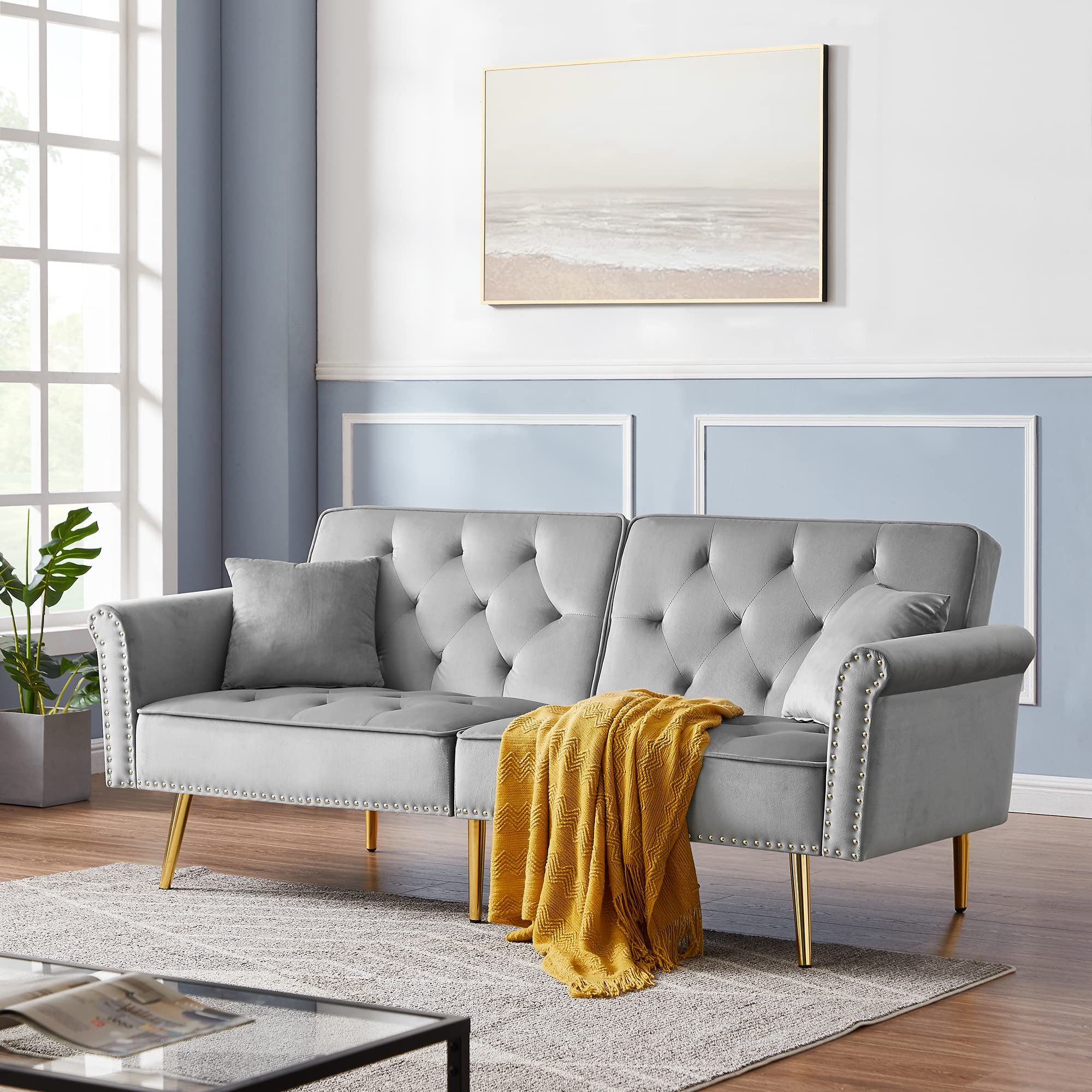 Buy Tufted Velvet Sofa Bed Er With 2 Pillows, Luxury Loveseat Couch ... with regard to The Mid-Century Charm of a Tufted Grey Velvet Sofa Bed Explained