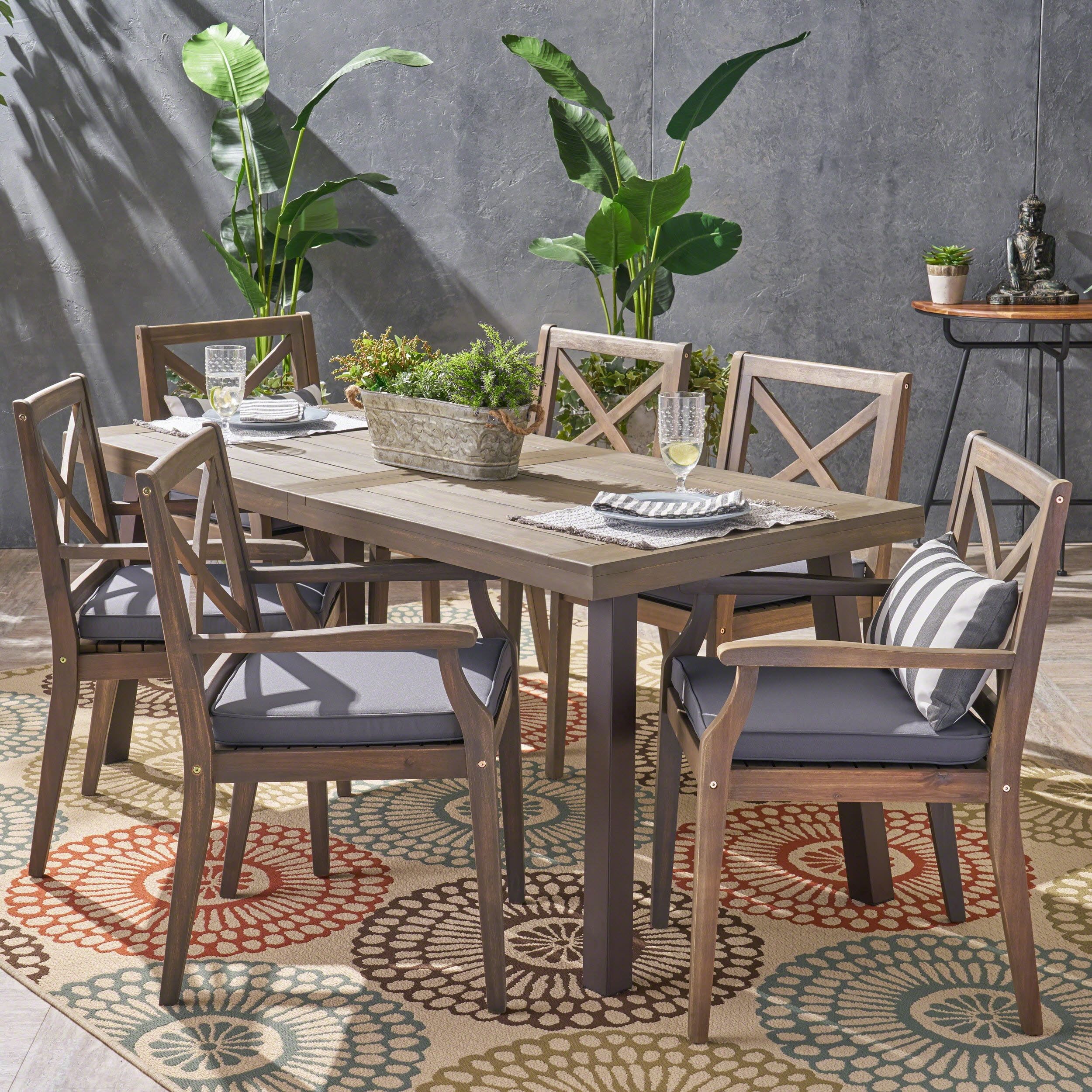 Cali Outdoor Wooden Patio 7 Piece Acacia Wood Dining Set With Cushions ... regarding Expert Tips for Styling Your Phoebe Outdoor Dining Experience