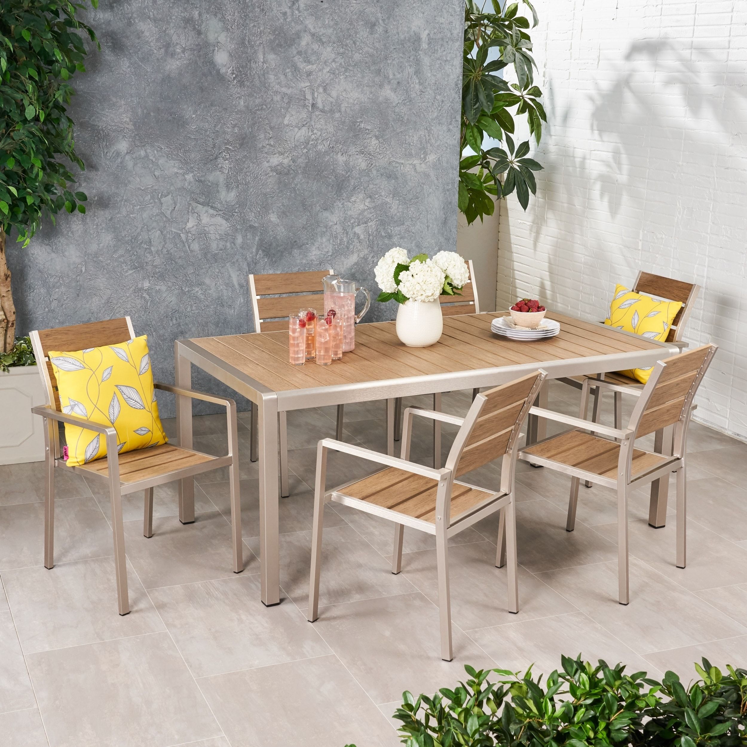 Cape Coral Outdoor 4-Seater Aluminum And Faux Wood Dining Set By ... within Grace Coral Outdoor 6 Seater Dining Set With Dining Bench, Natural/Silver