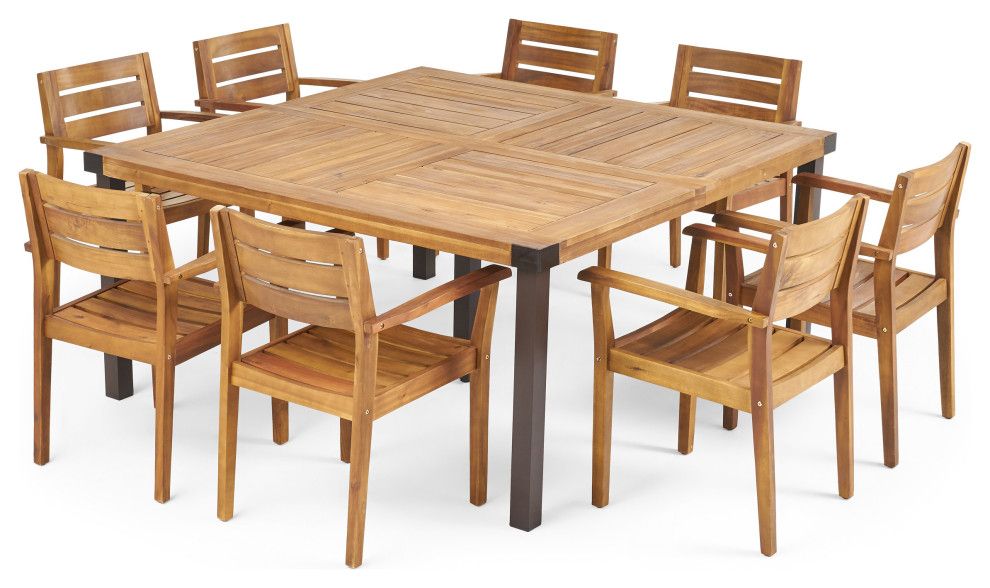 Cara Outdoor 8 Seater Acacia Wood Dining Set - Transitional - Outdoor ... throughout The environmental benefits of using acacia wood in outdoor furniture manufacturing