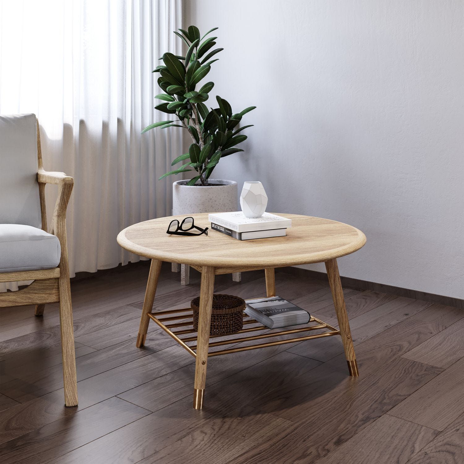 Casa Rise Round Coffee Table, Natural with Contemporary Nested Coffee Tables (2)