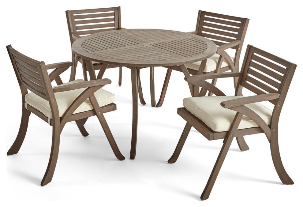 Chloe Outdoor 5 Piece Acacia Wood Dining Set With Round Table ... intended for Chloe Outdoor 5 Piece Acacia Wood Dining Set With Round Table, Gray/Creme