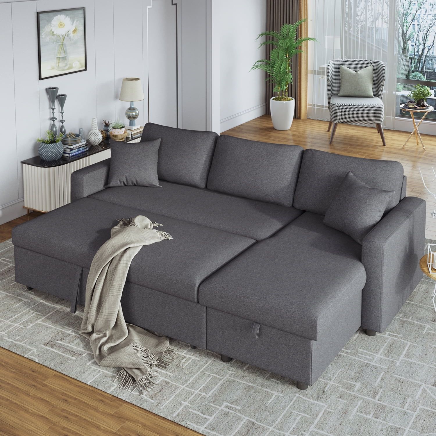 Churanty Upholstery Sleeper Sectional Sofa Pull Out Bed With Storage Chaise,Gray - Walmart.com within Pull Out Sleeper Sofa & Chaise, Gray
