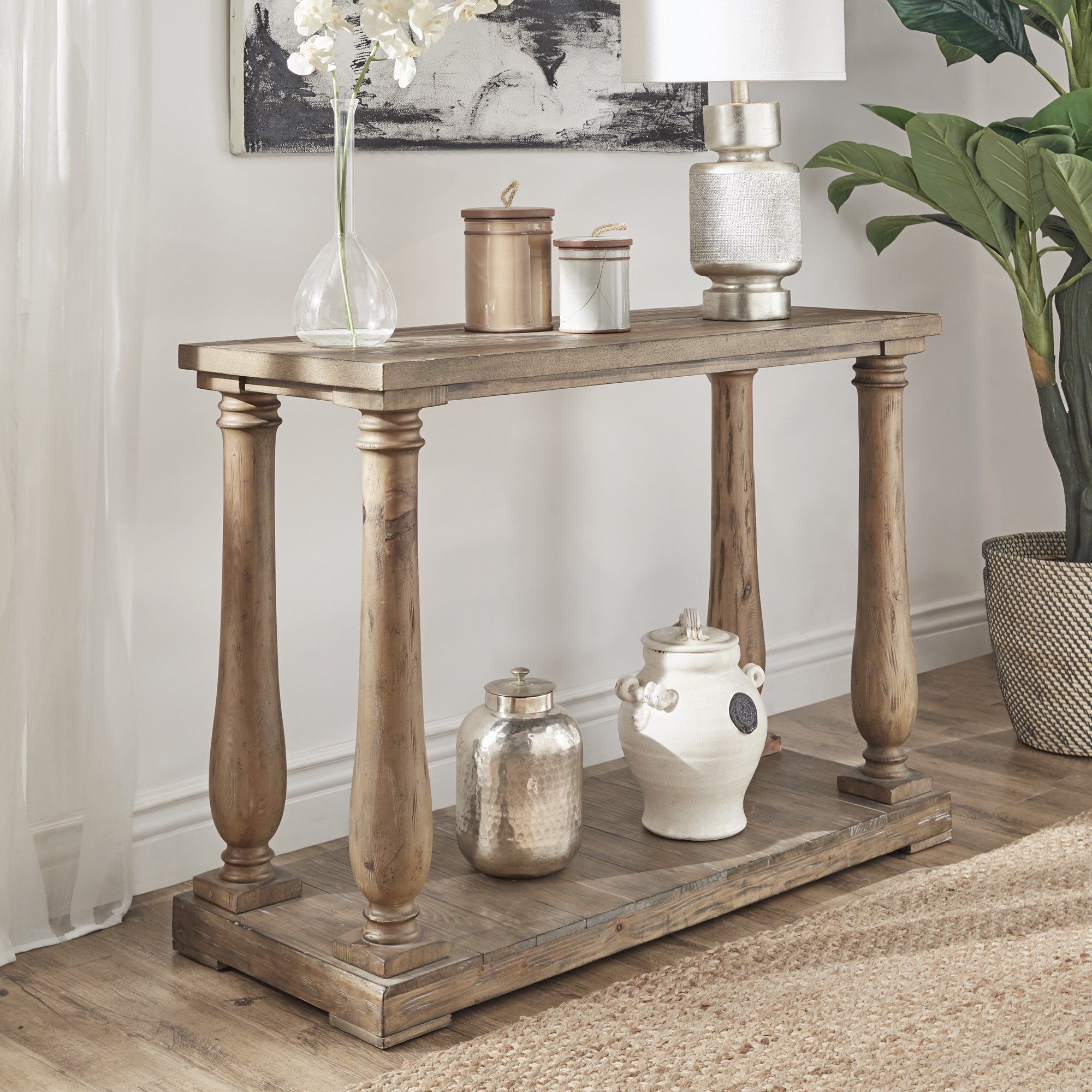 Classic Console Table, Baluster Column Support With Lower Open Shelf ... with regard to Pine Brown Console Table With Baluster Columns & Lower Open Shelf