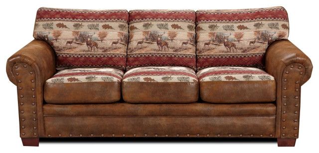 Classics Deer Valley Farmhouse Sleeper Sofa With Brown Leather-Look ... throughout Deer Valley Sleeper Sofa, Brown Leather-Look Microfiber & Nailhead Accents