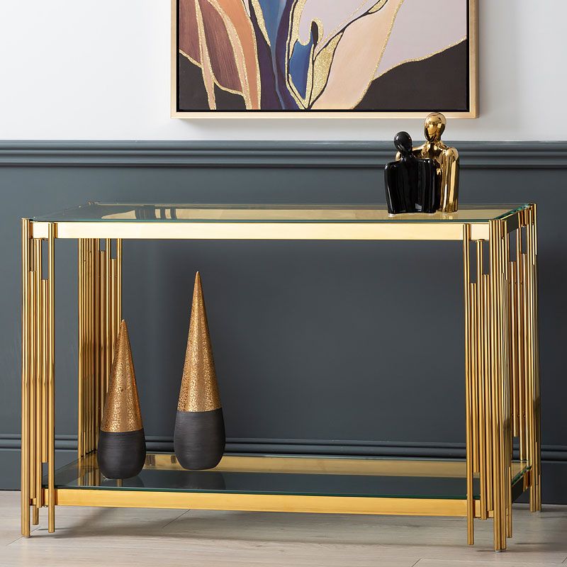 Colton Gold Metal And Glass Hallway Console Table | Picture Perfect Home in Elegant Gold Console Table With Glass Shelves And Sleek Modern Design