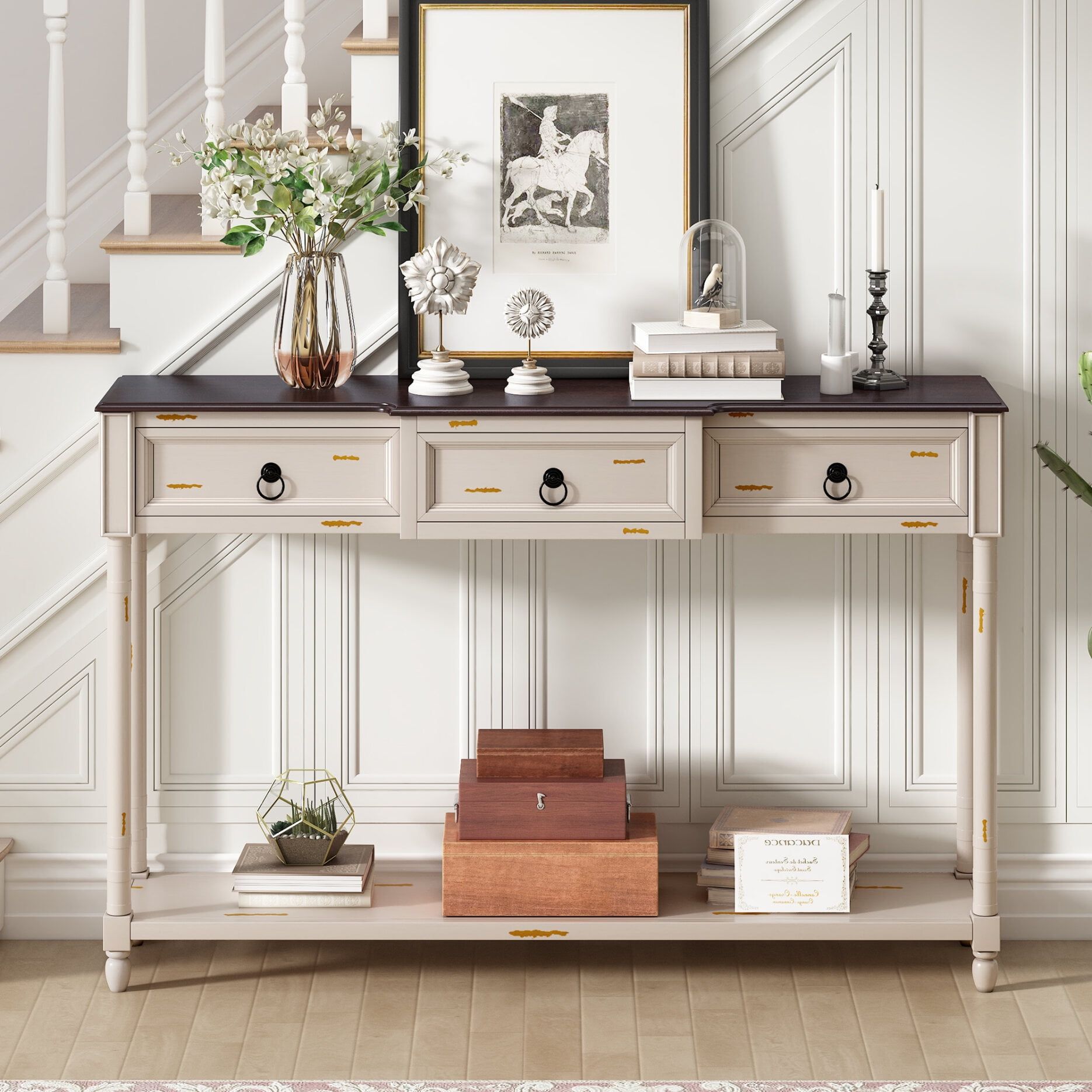 Console Table, 52" Solid Pine Wood Sideboard With Projecting Drawers ... within Vintage Console Table With 4 Storage Drawers And Solid Wood Frame, Retro Blue