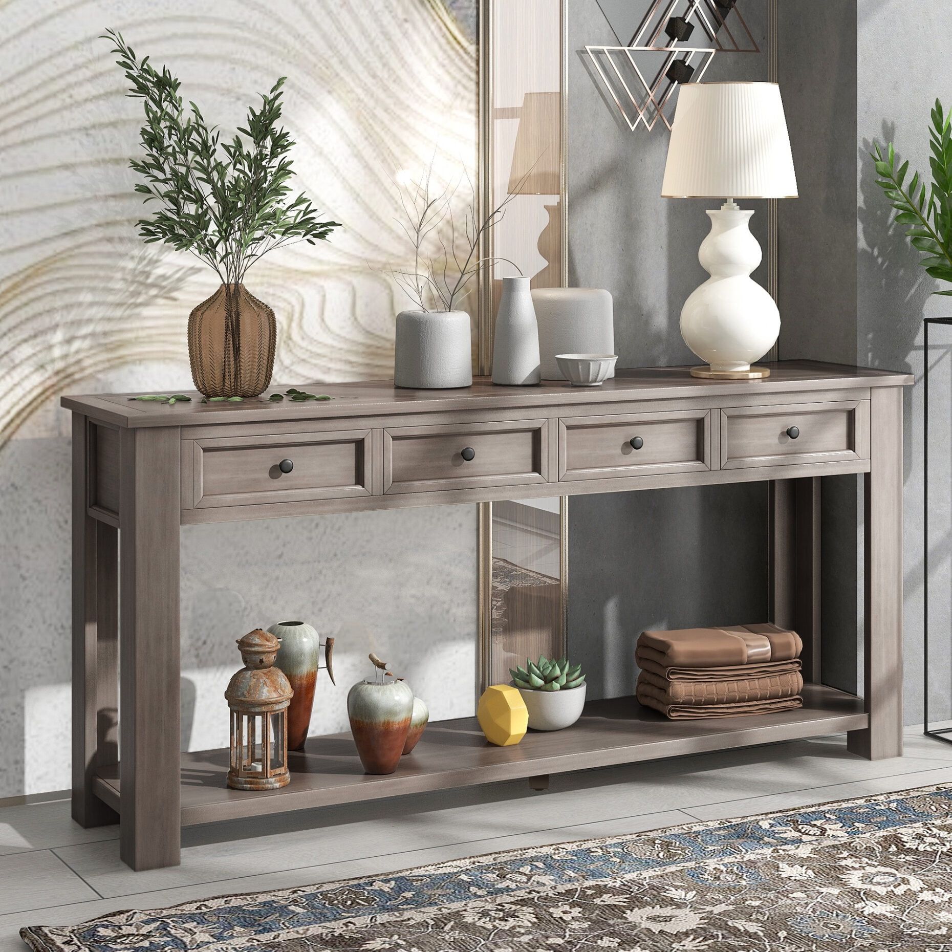 Console Table With 4 Drawers, Rustic Entryway Sofa Table With Storage ... with Narrow Cherry Brown Console Table With Shelf And Faux Marble Surface
