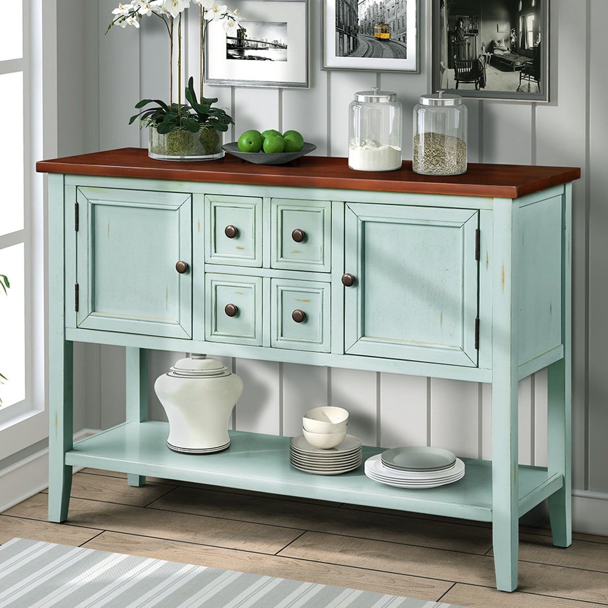 Console Table With 4 Storage Drawers, 46'' X 15'' X 34'' Wood Buffet ... regarding Vintage Console Table With 4 Storage Drawers And Solid Wood Frame, Retro Blue