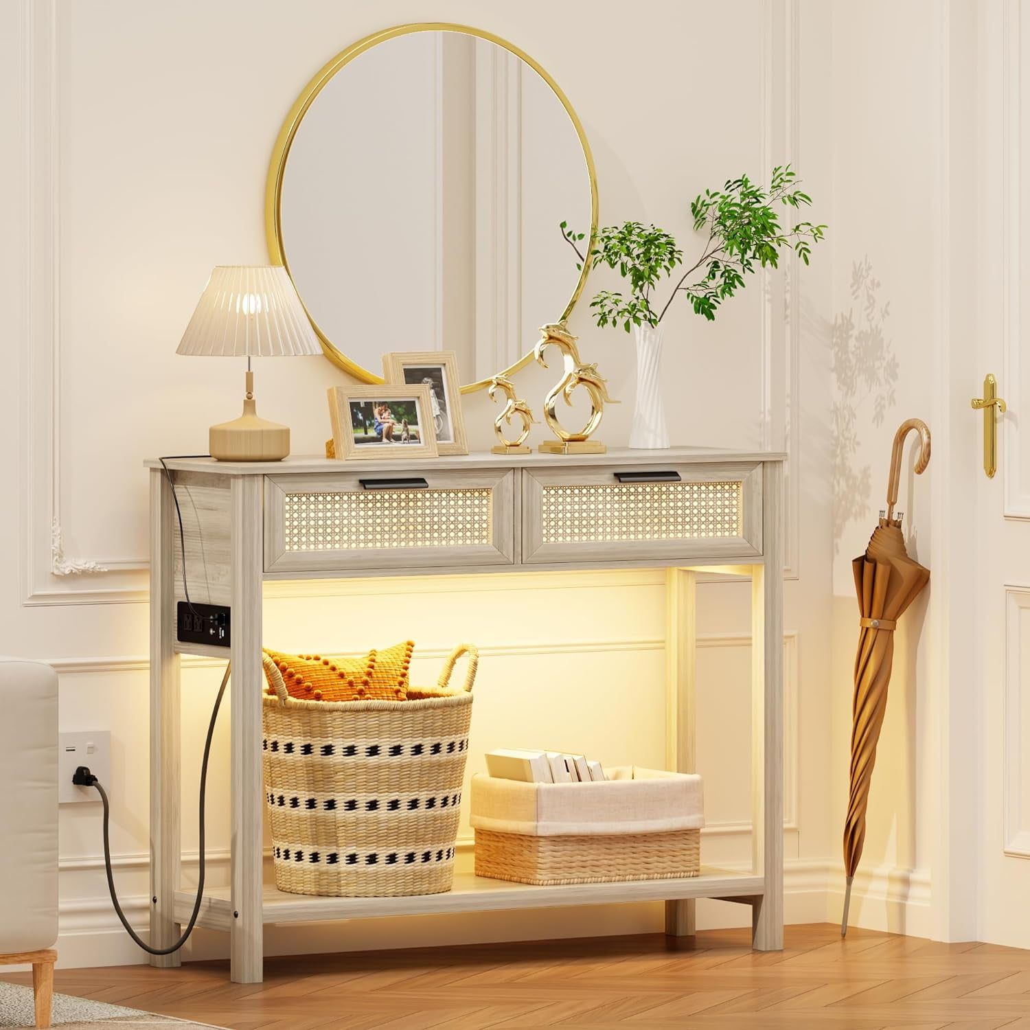 Console With Outlet & Charging Ports Entryway With Led Lights Narrow ... with Creating visual harmony with console table lighting features