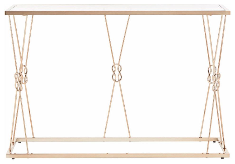 Contemporary Console Table, Reef Knot Accented Golden Frame With Clear ... in A Designer's Take On Console Tables With Unique Golden Accents