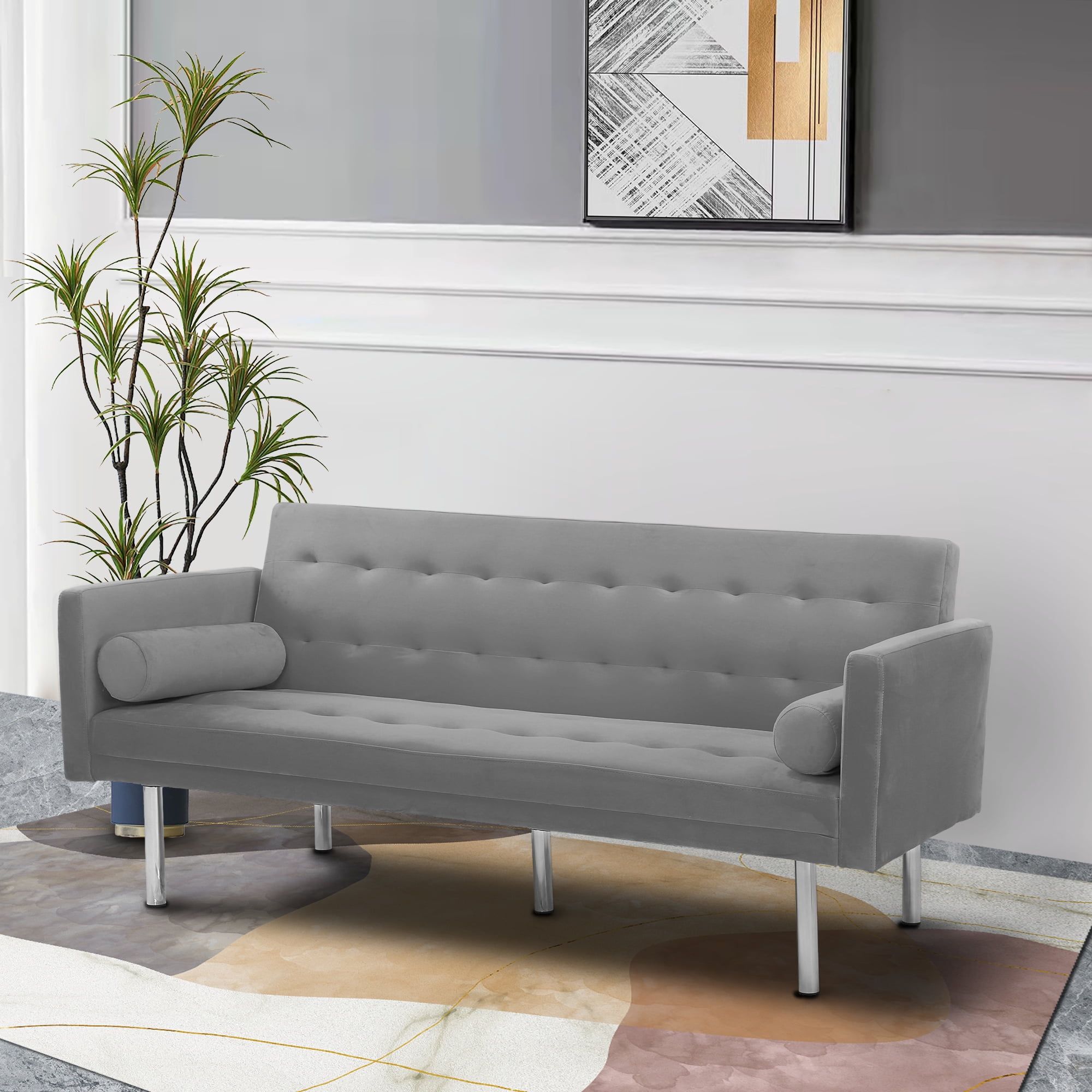 Convertible Sleeper Sofa, Velvet Futon Sofa With Adjustable Back ... with regard to Sofa Bed With Square Arms, Gray And Walnut