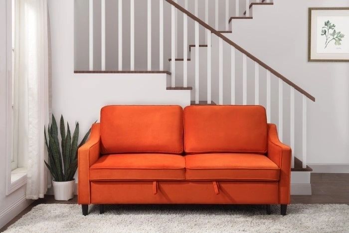 Convertible Studio Sofa With Pull-Out Bed In Velvet Orange with regard to Dickinson Convertible Studio Sofa With Pull-Out Bed, Navy