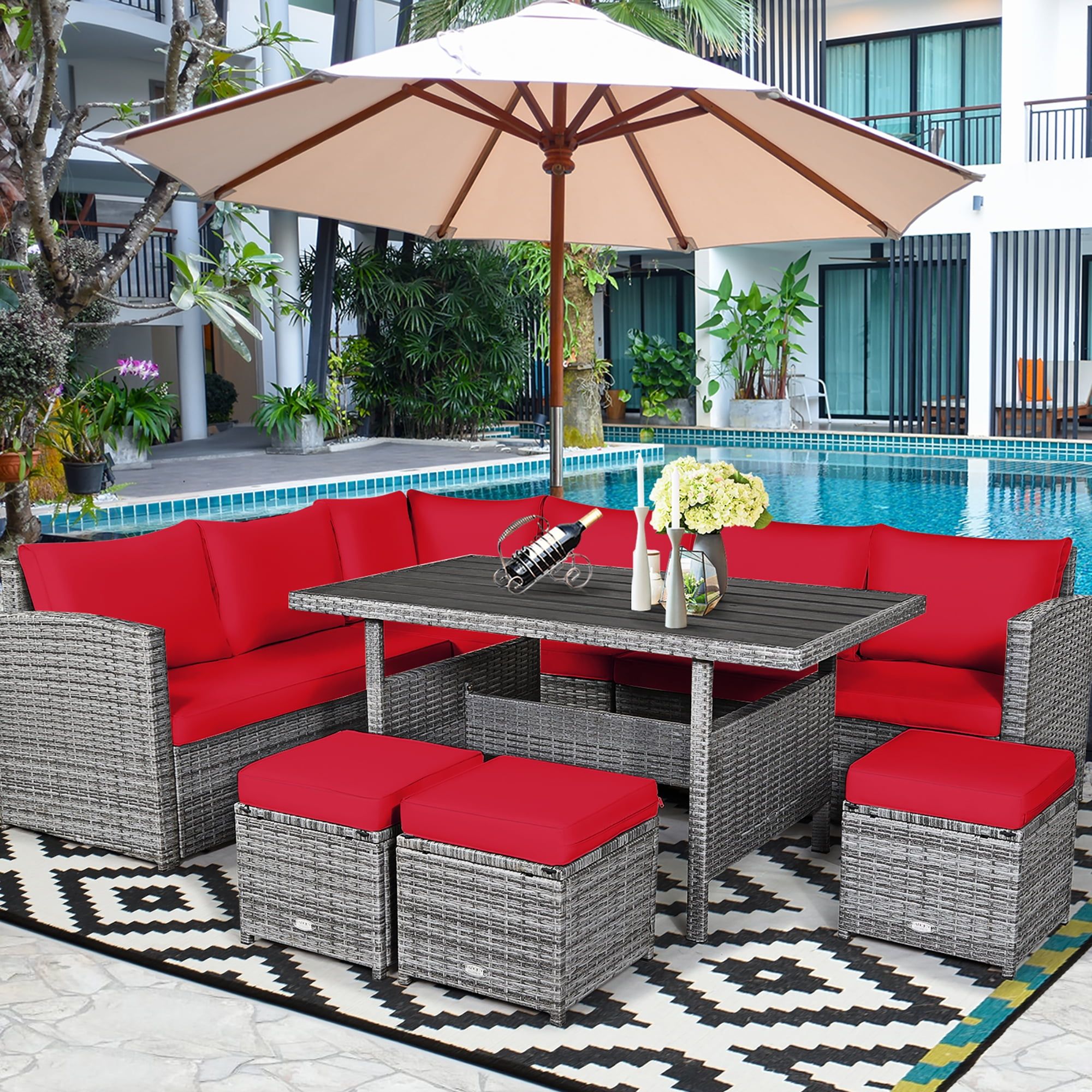 Costway 7 Pcs Patio Rattan Dining Set Sectional Sofa Couch Ottoman ... with From Setup to Serenity Tips for Enjoying Your Red Rattan Dining Ensemble