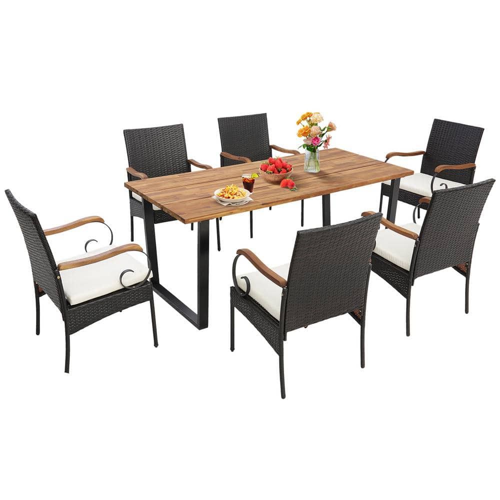 Costway 7 Piece Wicker Outdoor Dining Set Acacia Wood Table 6 Wicker Chairs With Umbrella Hole ... in Waldron Outdoor Wicker And Acacia Wood 7 Piece Dining Set With Cushion