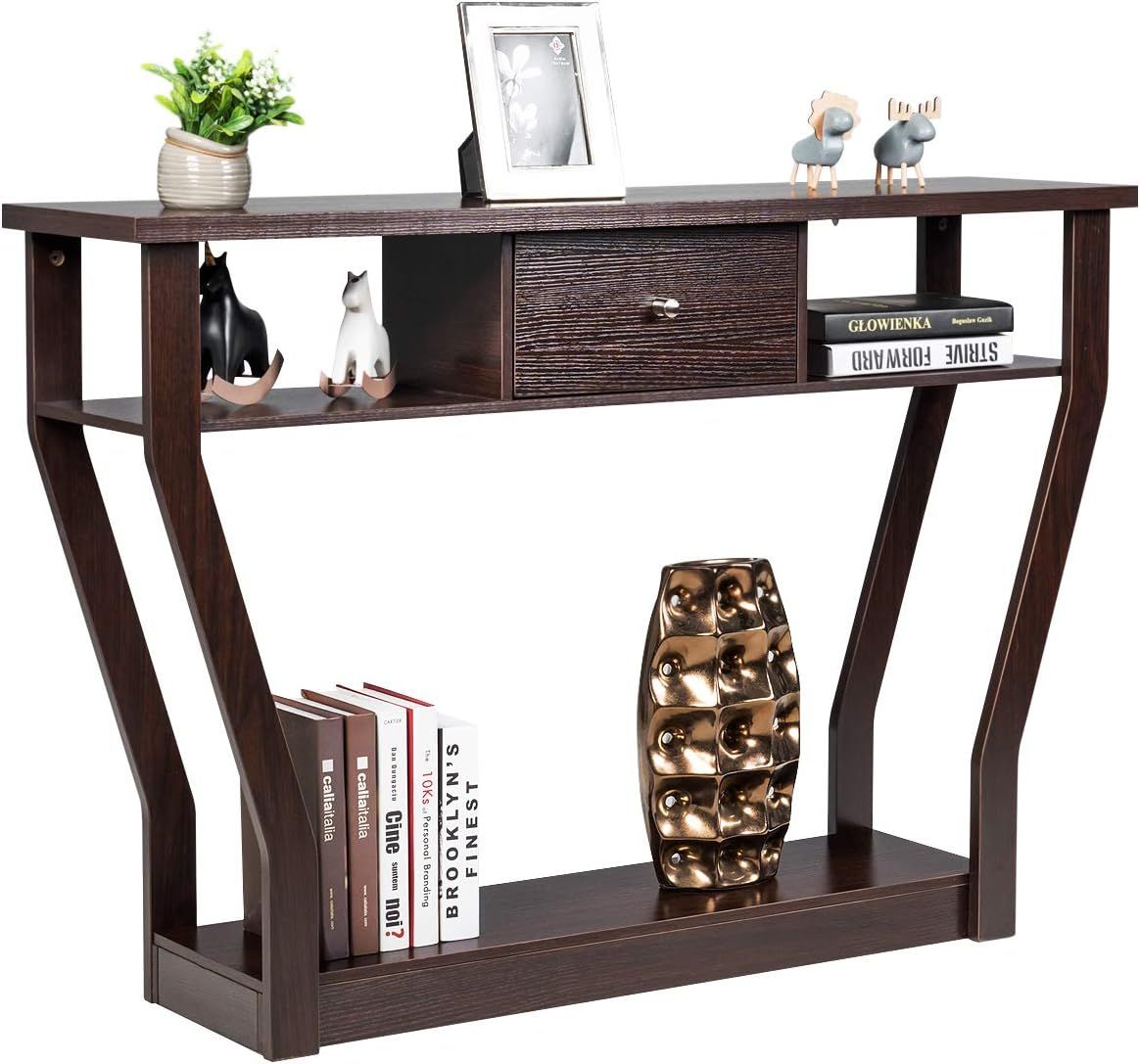 Costway Console Table, Wooden Narrow Sofa Side Table With 3 Drawer And ... regarding Costway Console Table W/3 Drawers Bottom Shelf Sofa Side Table Entryway White