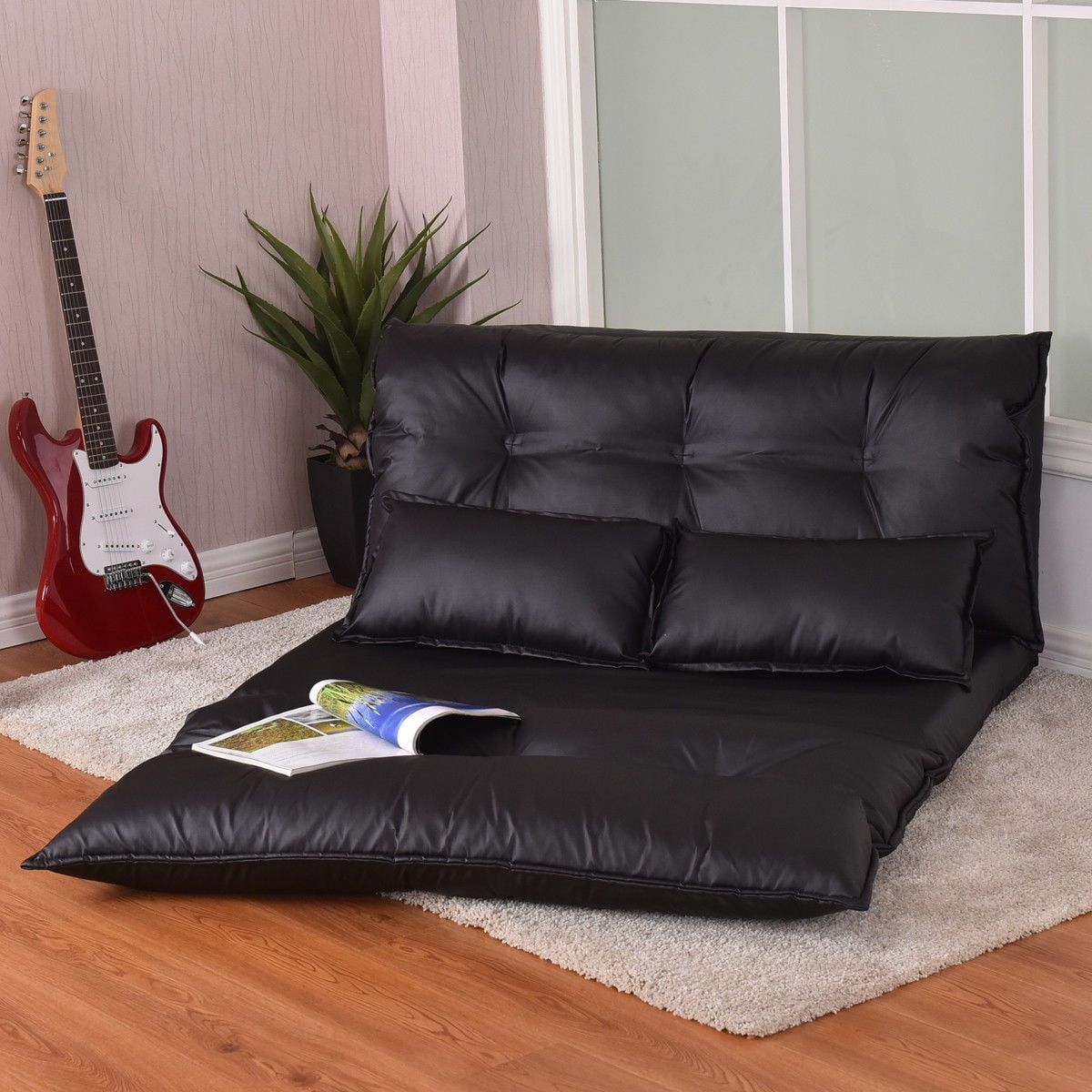 Costway Pu Leather Foldable Sofa Bed, Modern Leisure Floor Futon With 2 ... in Foldable Pu Leather Leisure Floor Sofa Bed W/ 2 Pillows
