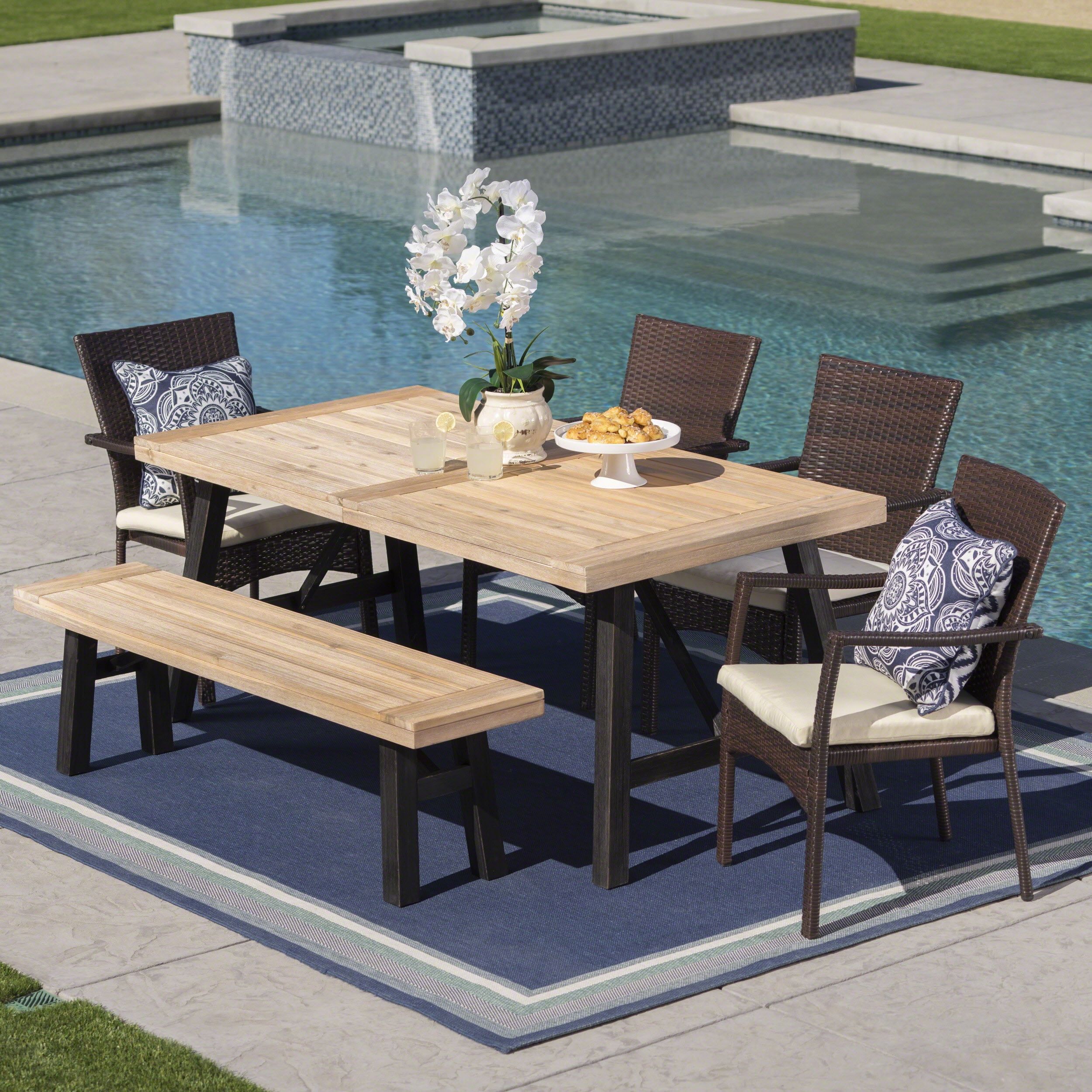Damari Outdoor 6 Piece Acacia Wood Dining Set With Wicker Dining Chairs ... pertaining to 6-Piece Acacia Patio Dining Set With Cushions, Brown