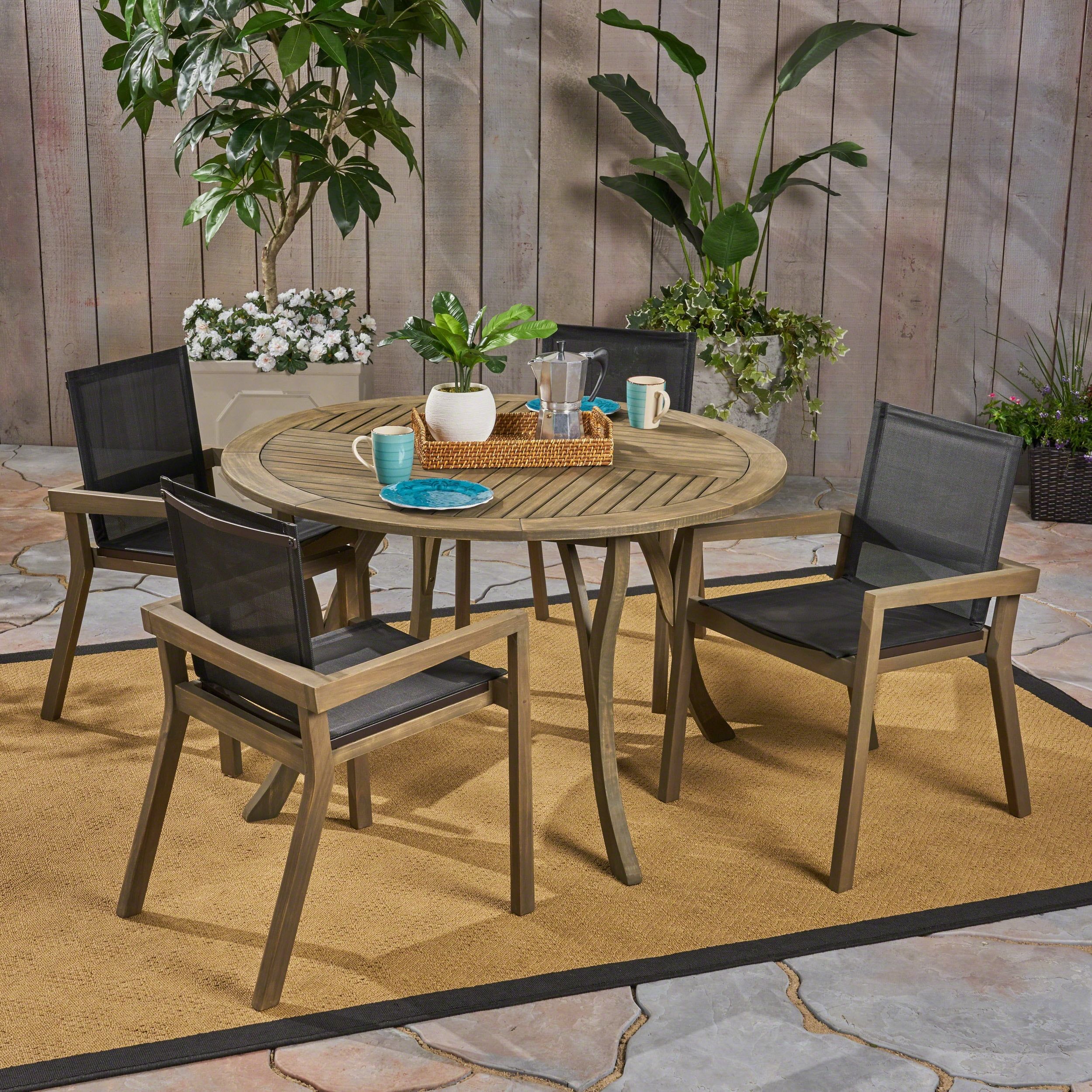 Dash Outdoor 5 Piece Acacia Wood And Mesh Round Dining Set, Gray, Black ... with Phoebe Outdoor 6 Seater Acacia Wood Dining Set, Gray Finish, Dark Gray