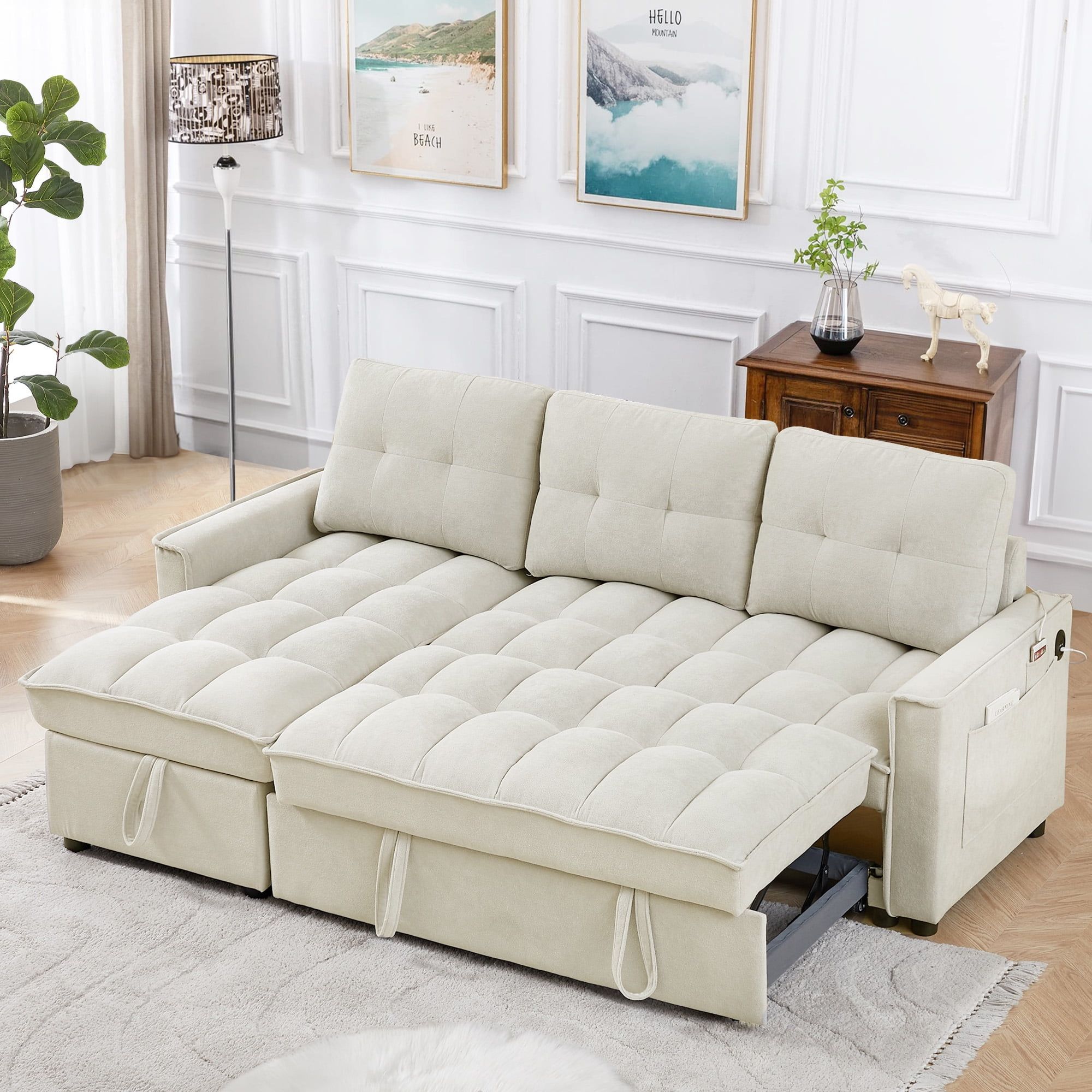 Dinosisco Convertible Sofa Bed With Reversible Storage Chaise, Sleeper ... for Hugo 97"W Chenille Reversible Sleeper Sectional Sofa Chaise, Beige