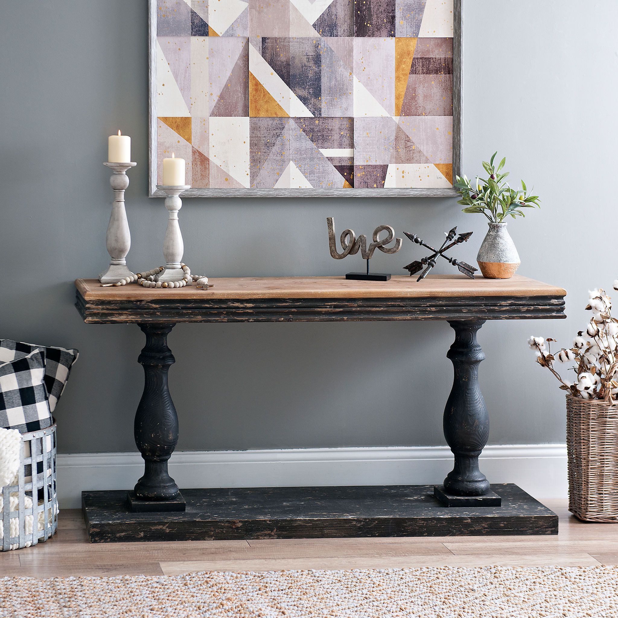Distressed Black Double Pedestal Console Table | Kirklands | Farmhouse ... throughout Signature Console Table In Black With Distressing