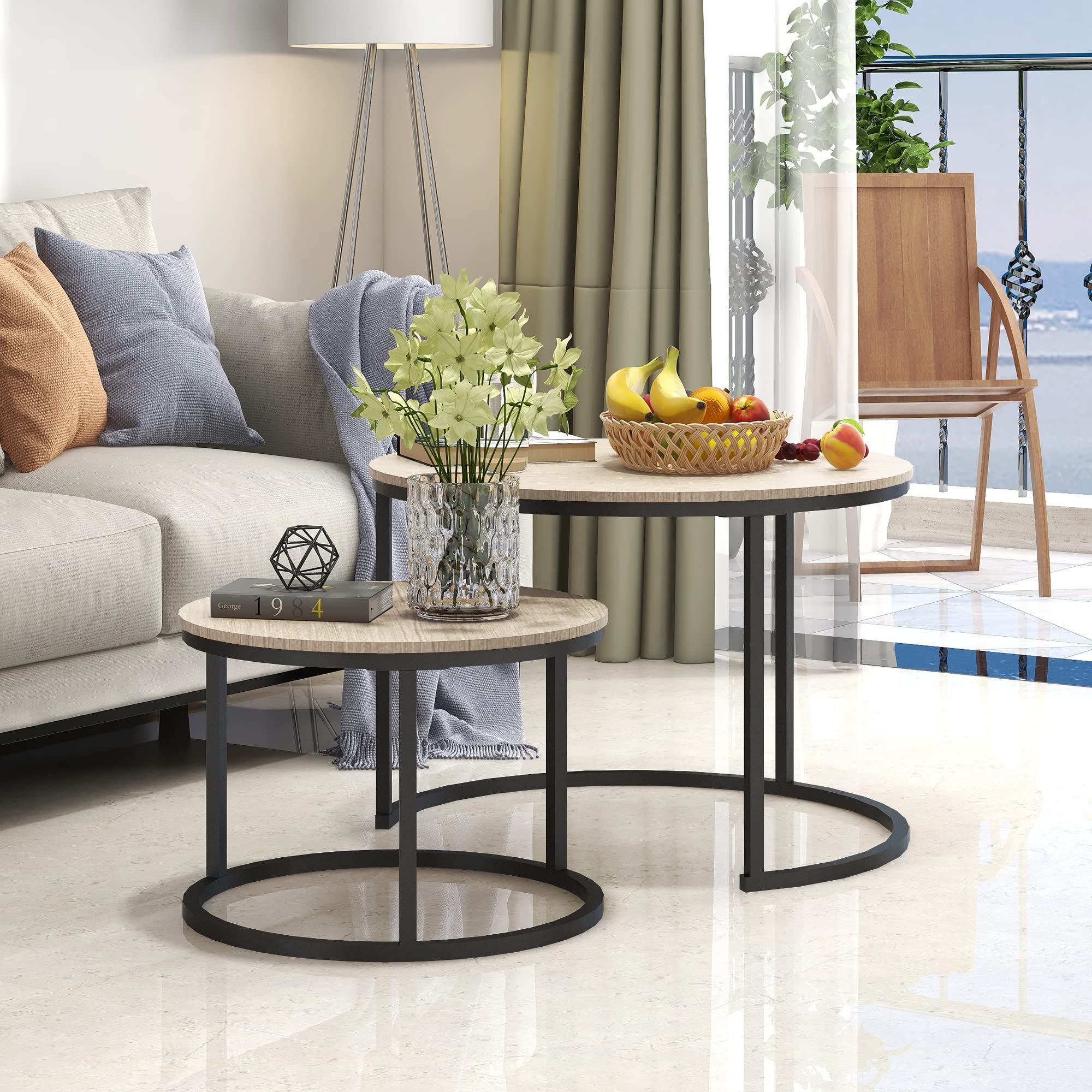 アクセサリ Bofeng Round Nesting Coffee Tables, Set Of 2 End Tables For ... within Set Of Two Black Wood And Steel Round Frame Nested Coffee Tables