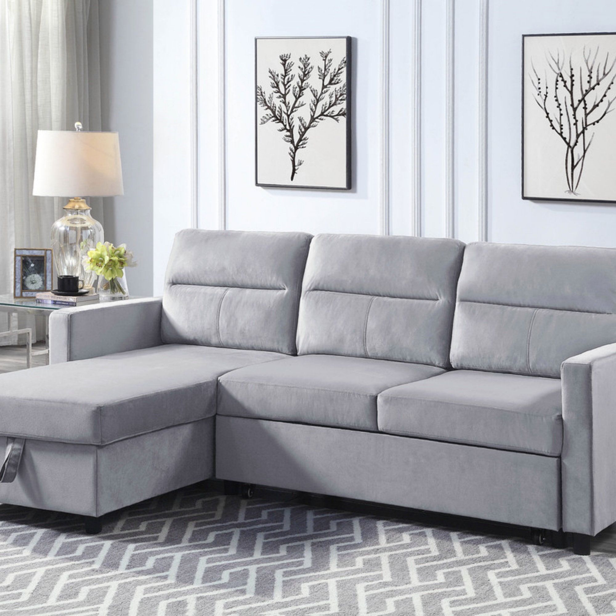 Ebern Designs 81.5" Light Gray Velvet Reversible Sleeper Sectional Sofa ... within Nova Light Gray Velvet Reversible Sleeper Sectional Sofa With Storage Chaise