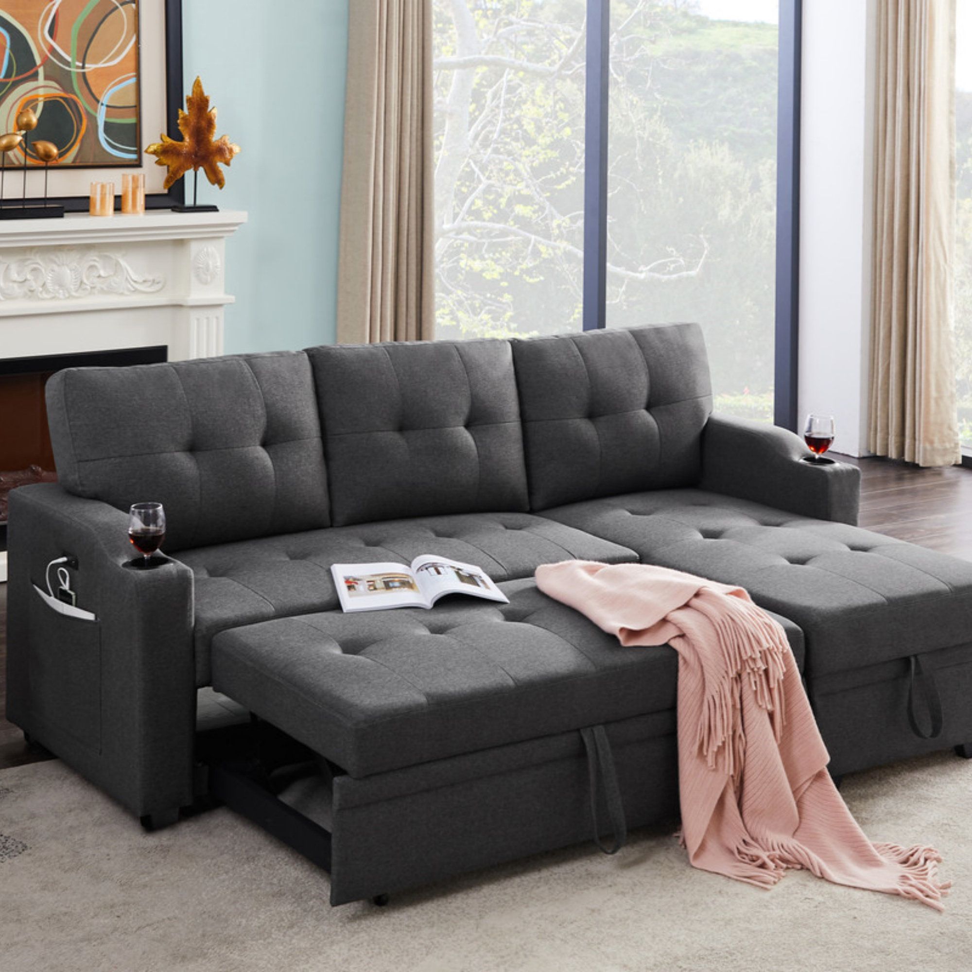 Ebern Designs 83" Dark Grey Linen Fabric Sleeper Sectional With ... for A Deep Dive into the Mabel Sleeper Sectional Dark Gray Linen