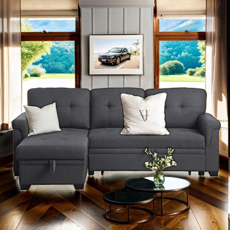 Ebern Designs L-Shaped 2-Piece Upholstered Pull-Out Sectional Sleeper ... pertaining to Choosing Smart Storage The Gallo 2-Piece Sectional Sleeper Sofa With Storage Advantage