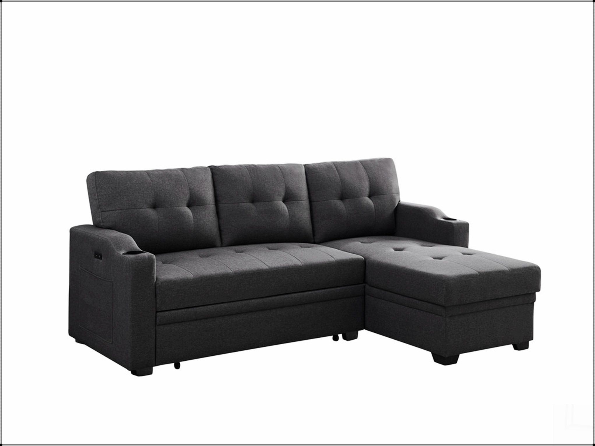 Ebern Designs Mabel 83" Dark Gray Linen Fabric Sleeper Sectional With Cupholder | Wayfair regarding Mabel Fabric Sleeper Sectional With Cupholder, Usb And Pocket, Dark Gray, Linen