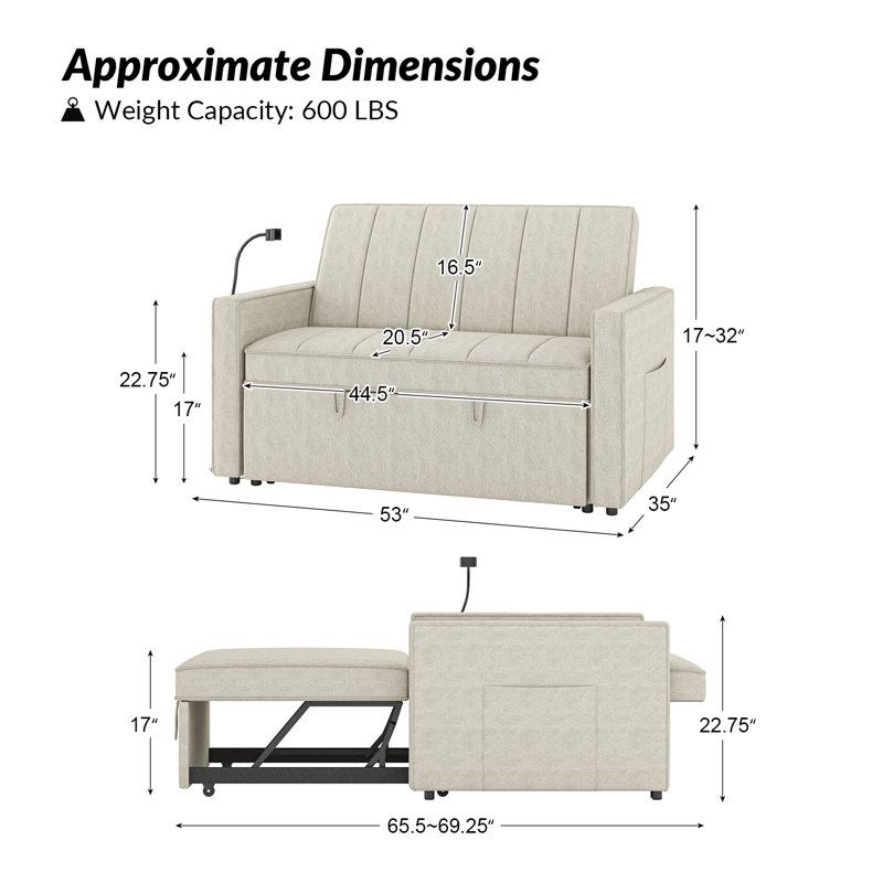 Ebern Designs Yasuro 53''W Modern Channel Tufted Sleeper Sofa With ... intended for 53"W Channel Tufted Sofa Bed With Phone Holder And Built-In Usb Ports, White