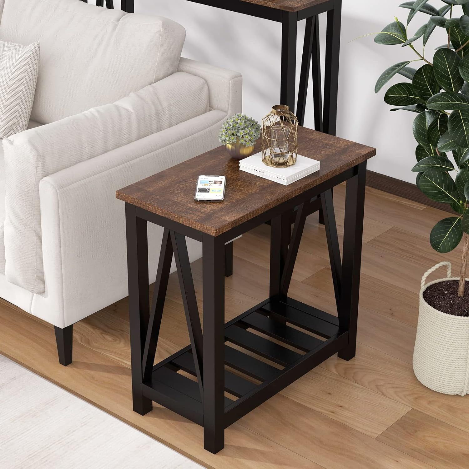 End Table, Rustic Vintage Narrow End Side Table With Storage Shelf For ... intended for Rustic Vintage Narrow End Side Table With Storage Shelf For Small Spaces
