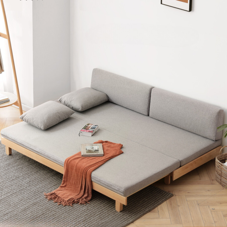 European Beech Solid Wood Sofa Bed Retractable Folding Bed with Solid Wood Sofa Bed, Sleeper Sofa, Beech Walnut 61X33-78.1X30.3&amp;quot; Rush Gray