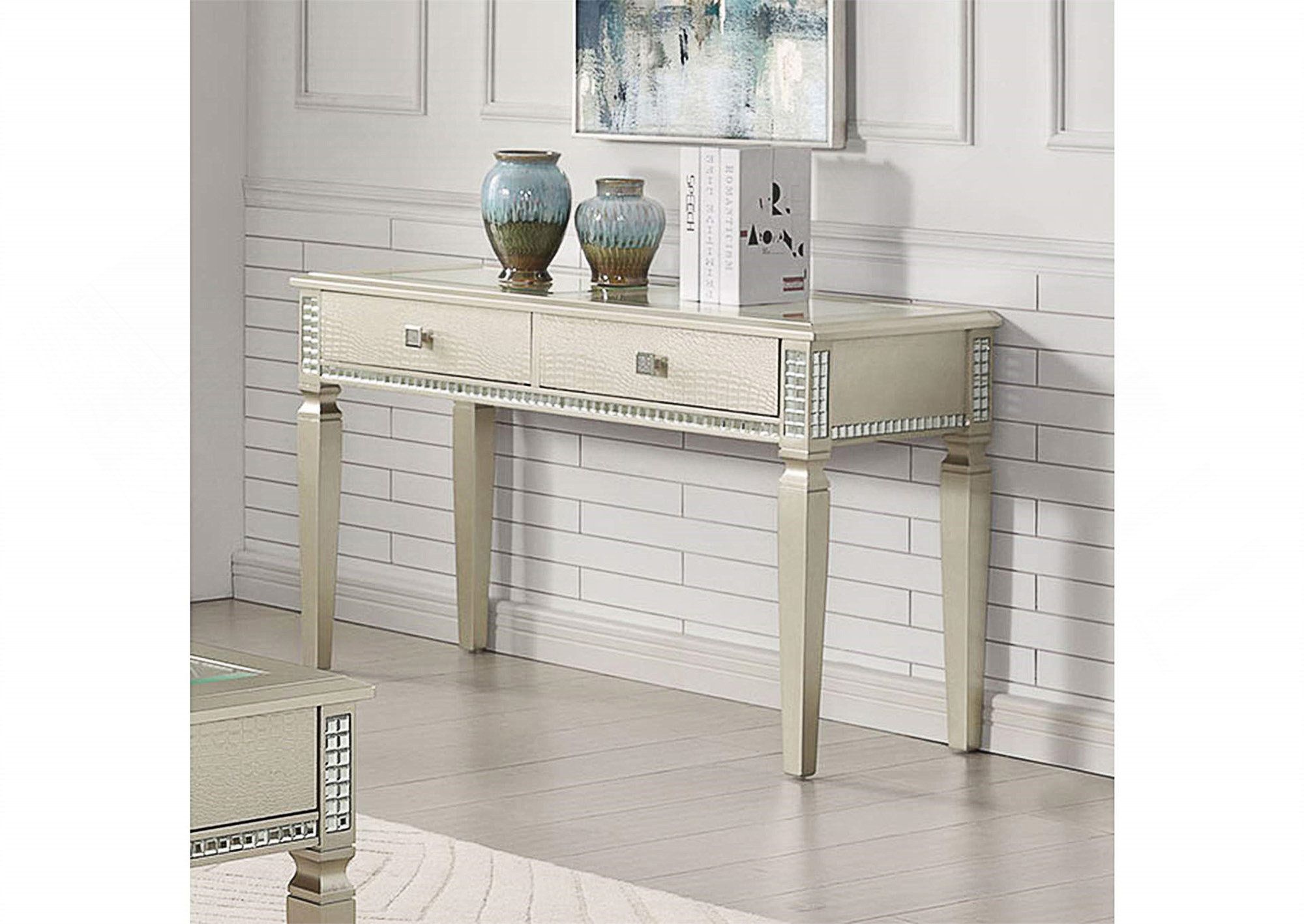 Everly Quinn Sofa Table Silver Glam Storage Drawers Table 5Mm Tempered ... pertaining to From Workshop to Home Celebrating the Legacy of Elmore Console Table Silver