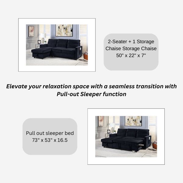 Everly Quinn Tro Black Velvet Reversible Sleeper Sectional Sofa With ... regarding Ivy Black Velvet Reversible Sleeper Sectional Sofa, Storage Chaise, Side Pocket