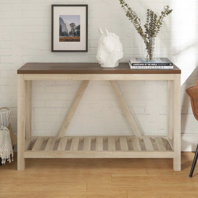 Farmhouse Console Table, Slatted Bottom Shelf & Large Top - Farmhouse ... intended for Maximizing Space with Spacious Wood Top Console Tables and Slatted Designs