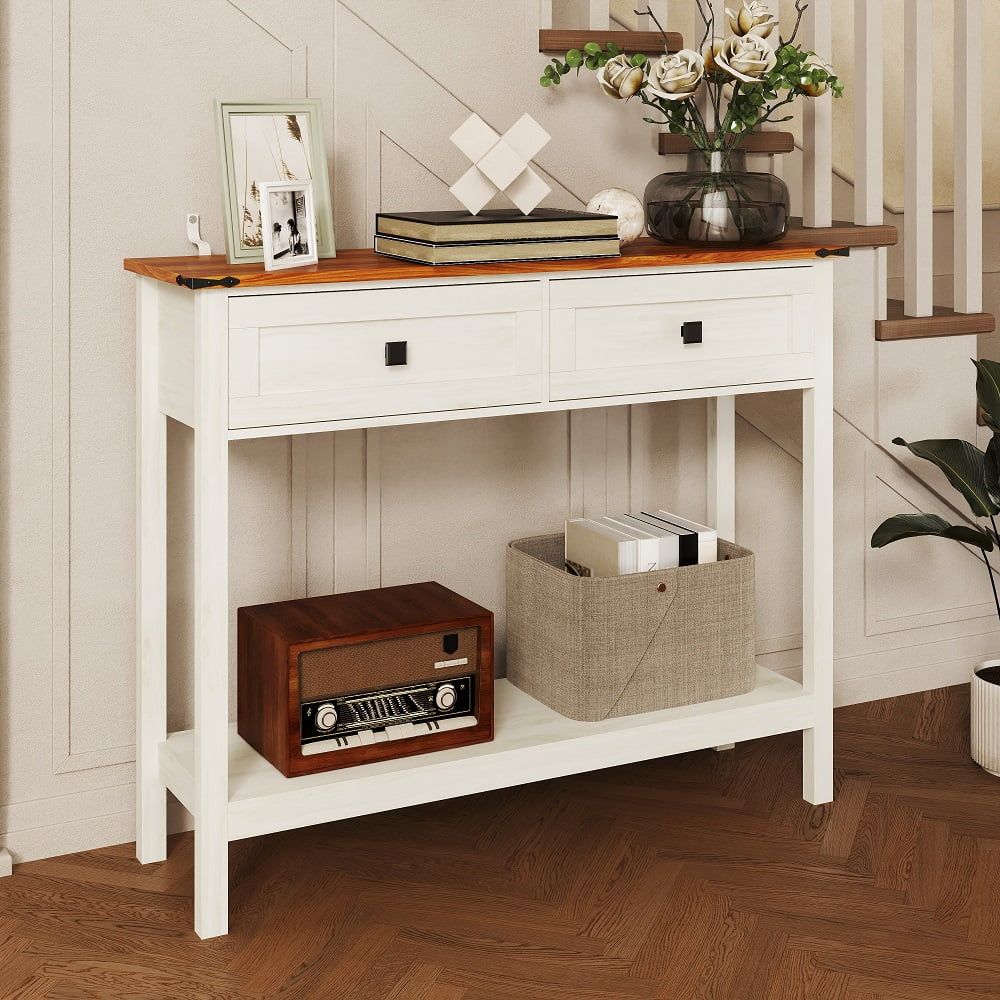 Farmhouse Style Console Table With 2 Drawer And Bottom Storage Shelf ... pertaining to Maximizing Space and Style A White Farmhouse Console Table Deep Dive
