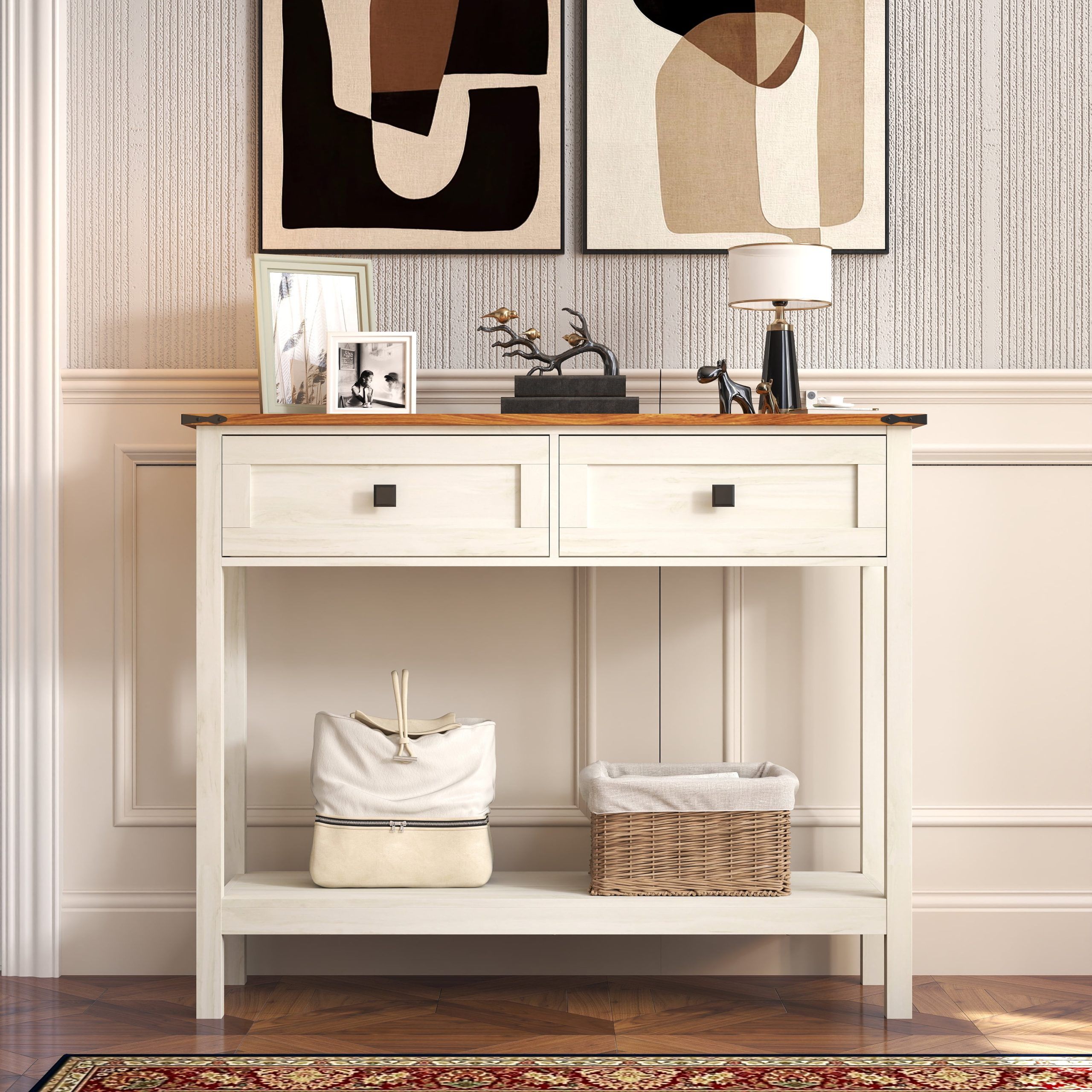 Farmhouse Style Console Table With 2 Drawer And Bottom Storage Shelf ... with regard to Maximizing Space and Style A White Farmhouse Console Table Deep Dive