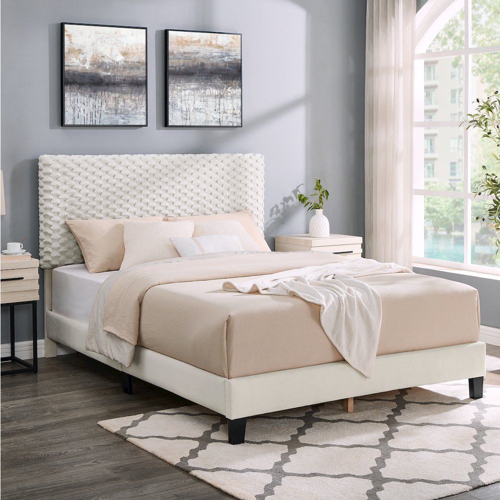 Findlay Plush 3D Upholstered Platform Bed In White Dove, Full ... with regard to How Platform Bed Design Impacts Sleep Quality and Room Aesthetics