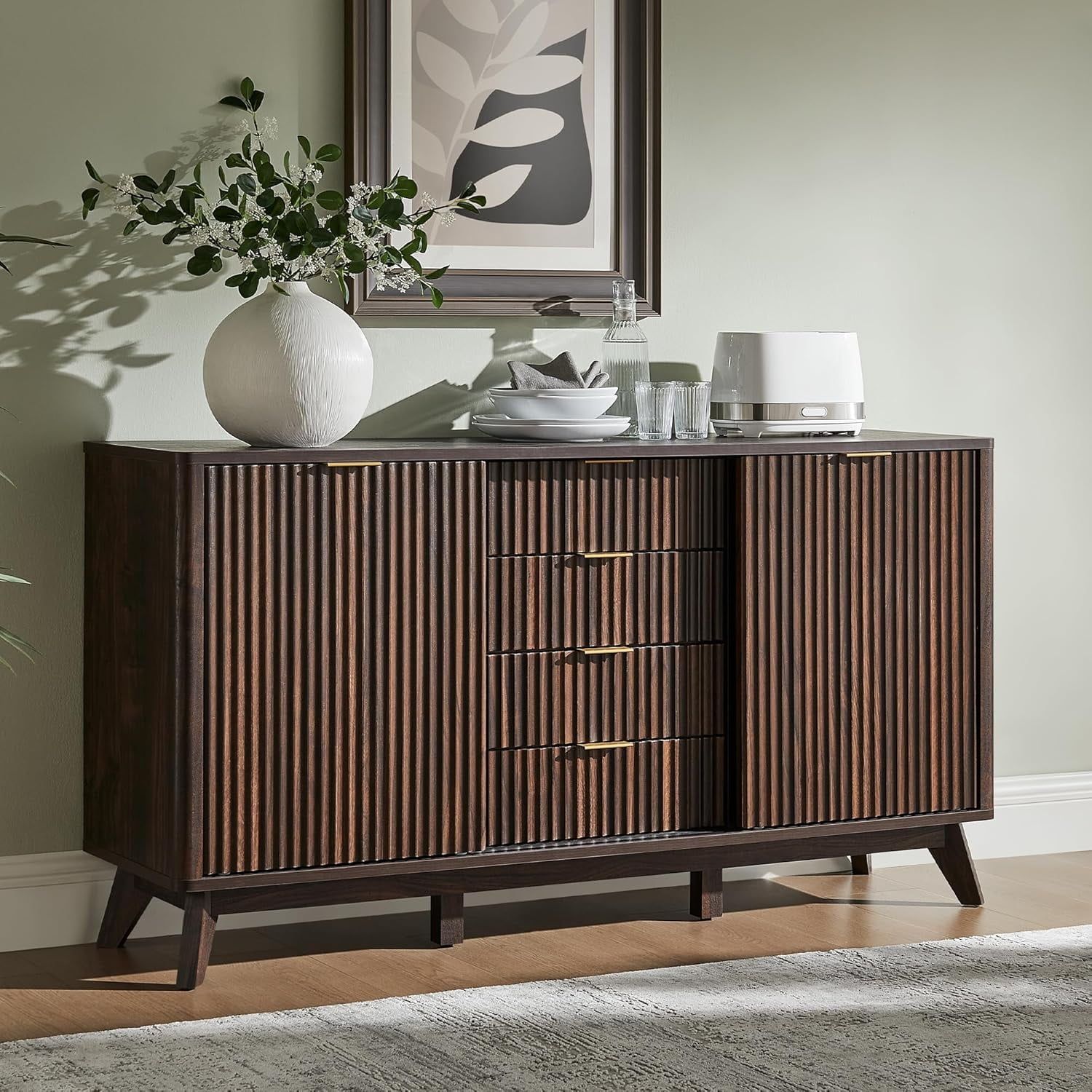 Fluted Buffet Cabinet 60" Sideboard With Sliding Doors & 4 Drawers ... pertaining to Safavieh Couture Rikki Fluted 1 Drawer Console, Walnut