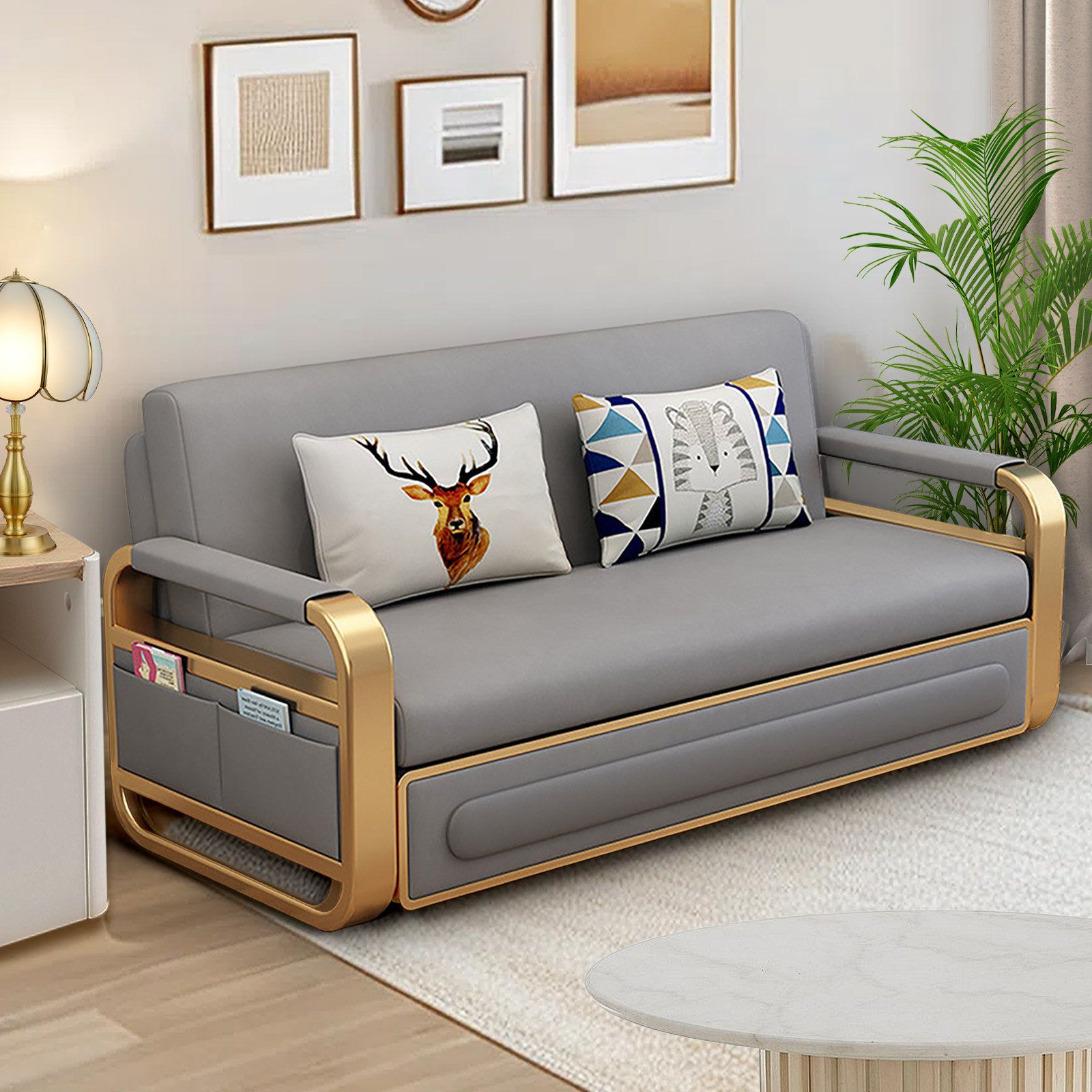 Folding Sofa Bed Wood in Oak Solid Wood Sofa Foldable Bed Modern, Fog Gray 1.56M Tri-Fold Sofa Bed 61.4X32.1X31.9"