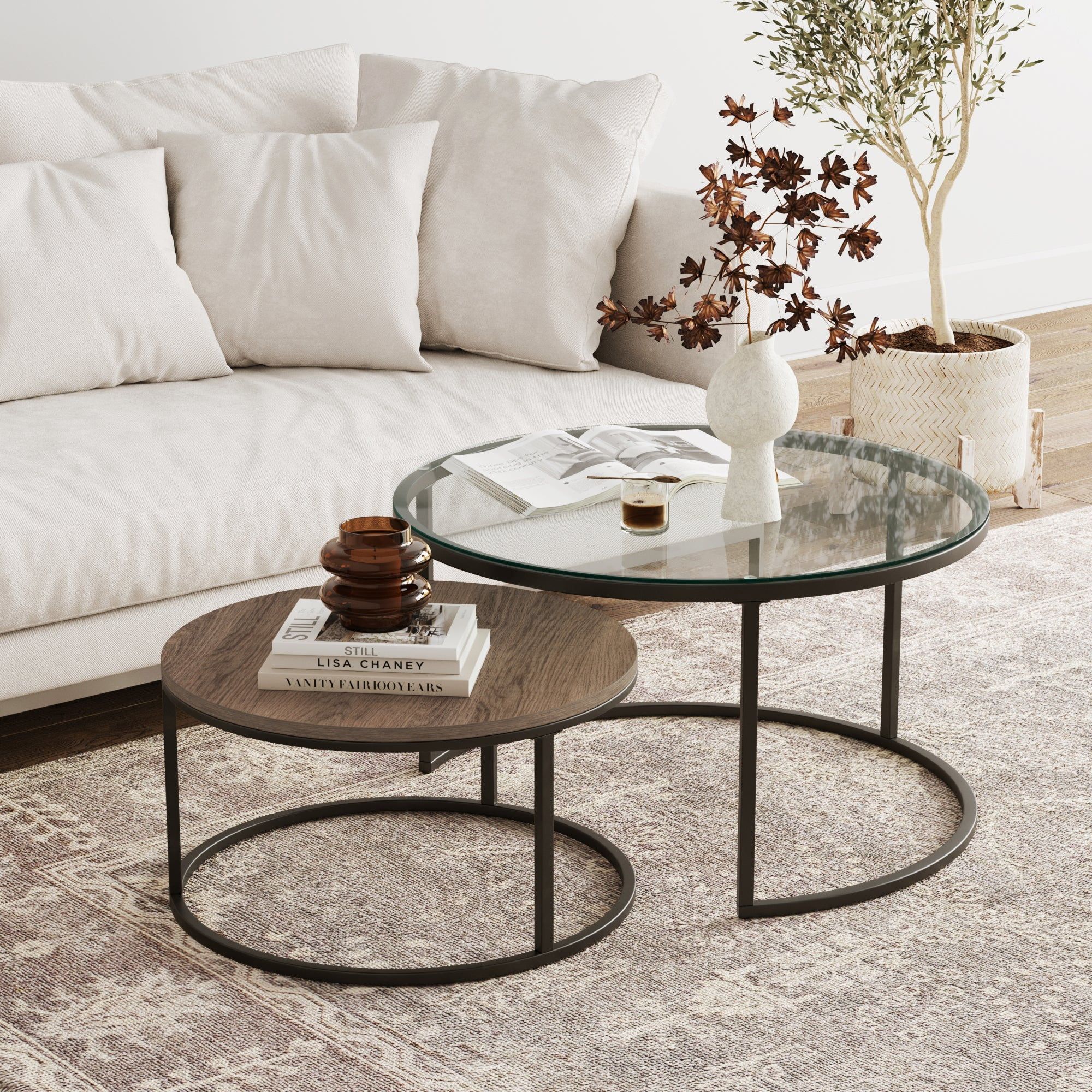 Free Shipping! Nathan James Stella Round Nesting Coffee Table Set Of 2 ... in Set Of Two Black Wood And Steel Round Frame Nested Coffee Tables
