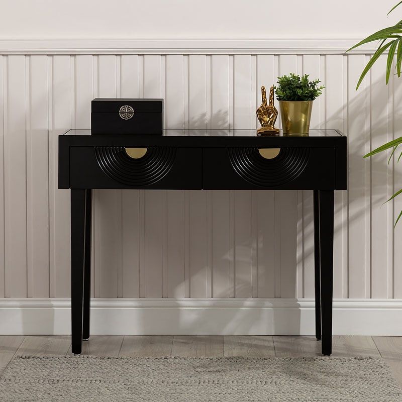 Gabriella 2 Drawer Black Wood Console Table With Clear Mirror Top ... in The Versatile Valentine Console Table Black Discover Its Potential