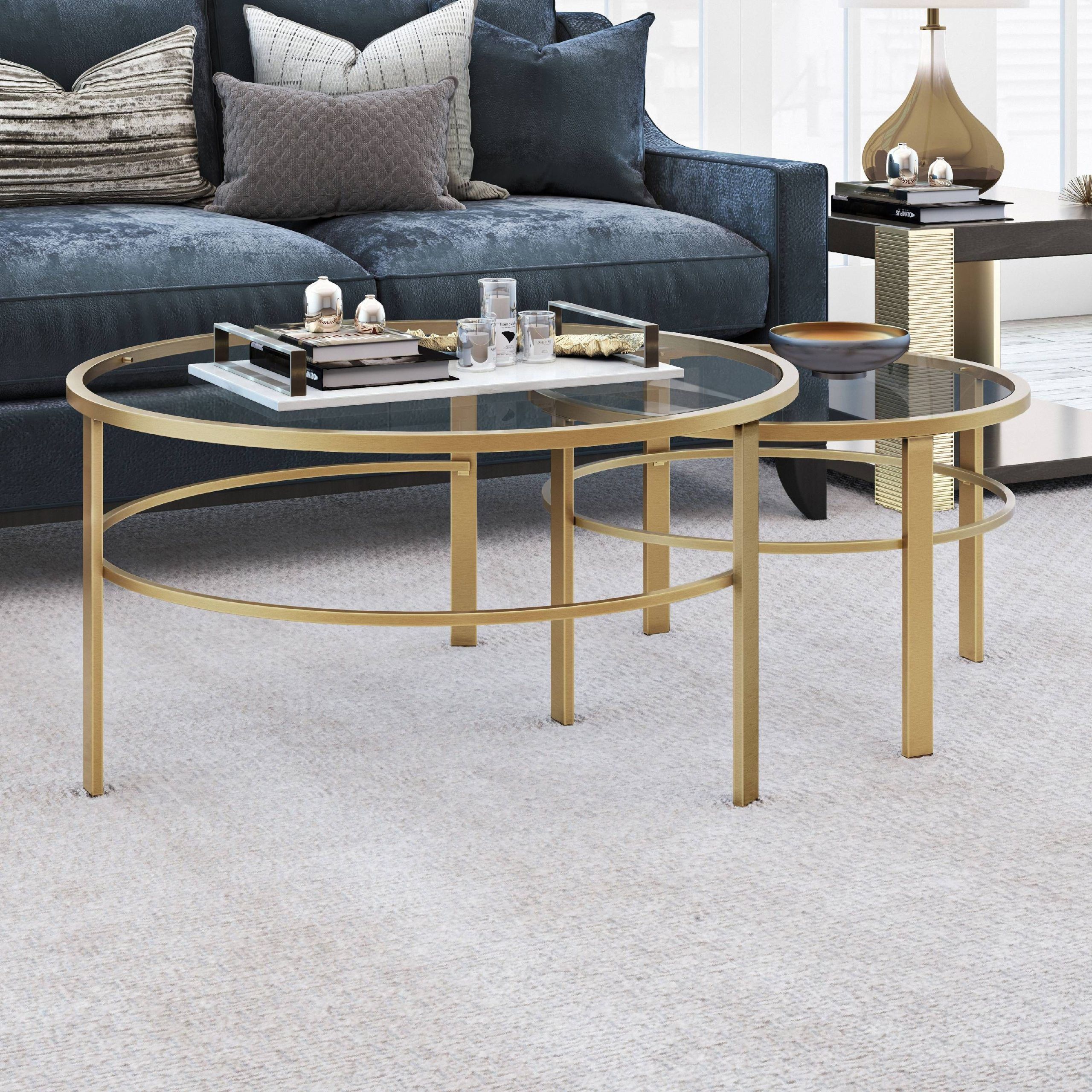 Gaia Round Nesting Coffee Tables In Gold Metal And Tempered Glass 2 Pc ... with regard to Set Of 2 Contemporary Nesting Coffee Tables With Gold Frame And Glass Tops
