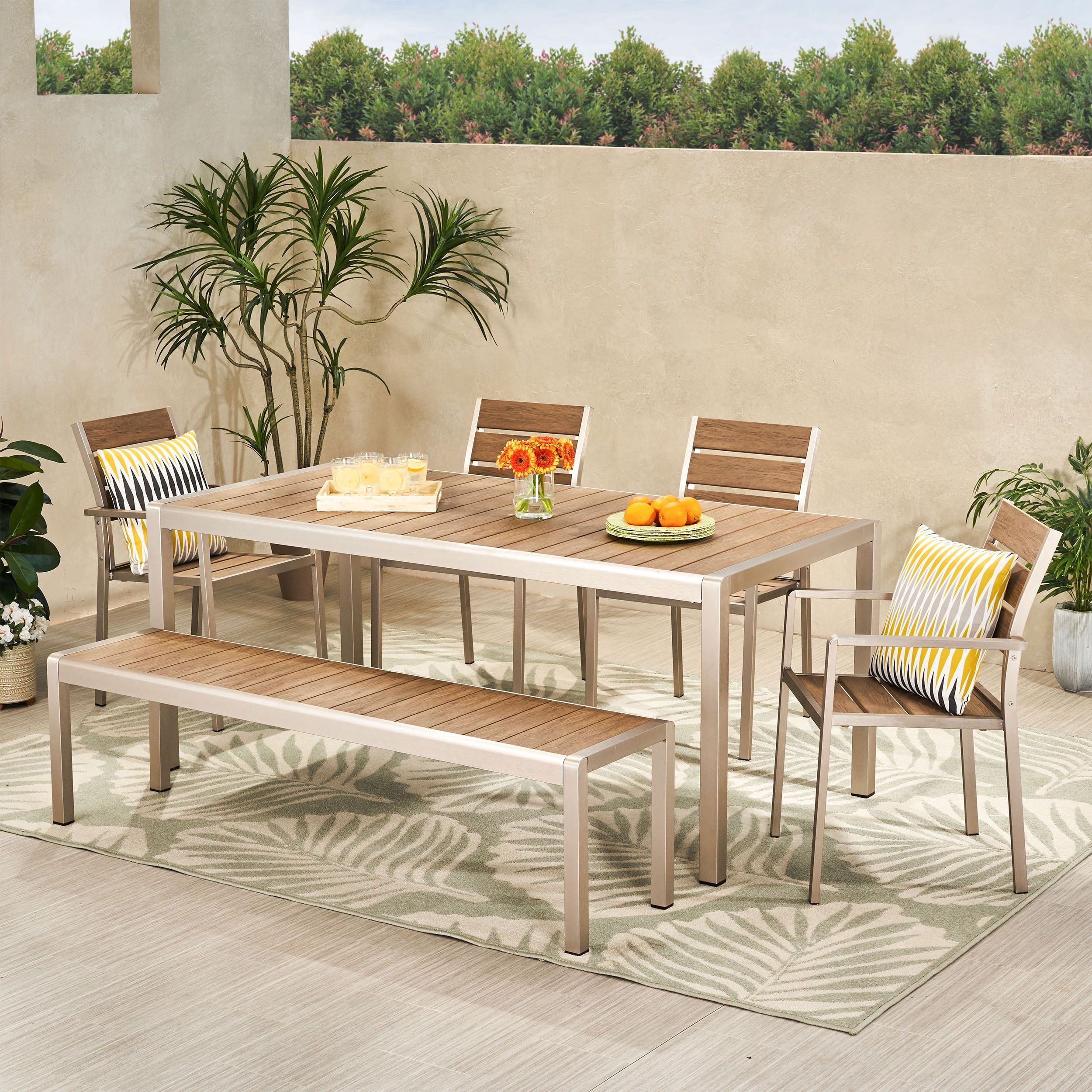 Gannon Outdoor Modern 6 Seater Aluminum Dining Set With Dining Bench ... for Zoey Outdoor Modern 6 Seater Aluminum Dining Set With Dining Bench
