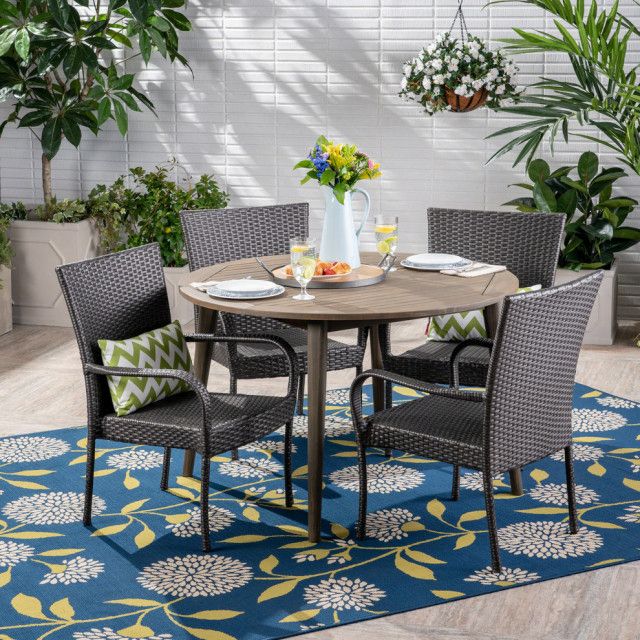 Gdf Studio 5-Piece Ivey Outdoor Wood And Wicker Dining Set, Gray Finish ... with Gdf Studio 5-Piece Ivey Outdoor Wood And Wicker Dining Set, Gray Finish/Gray