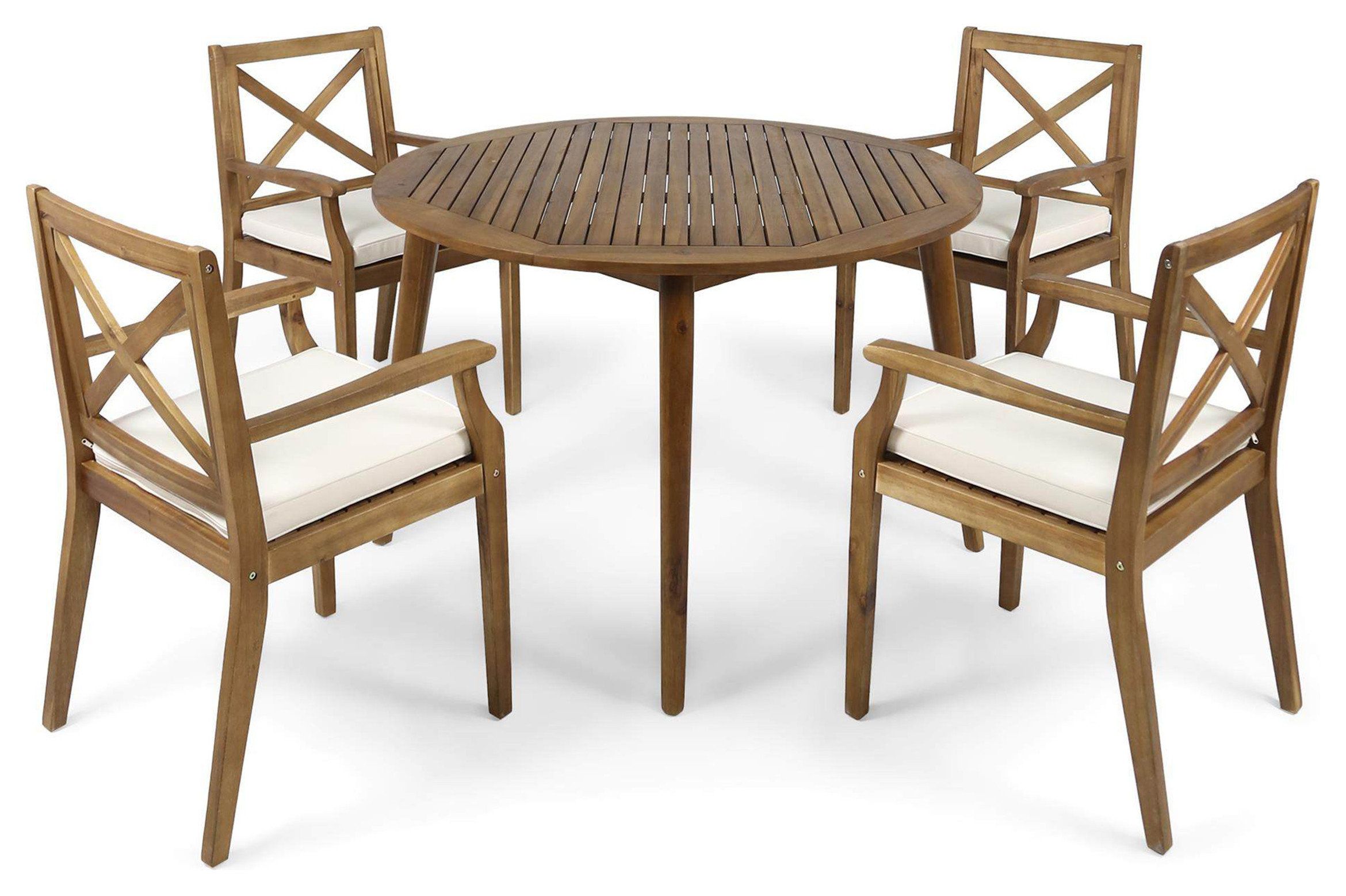 Gdf Studio 5-Piece Jenson Outdoor Acacia Wood Dining Set With Cushions ... with Gdf Studio 5-Piece Zack Outdoor Wood Dining Set With Straight Legged Table, Teak